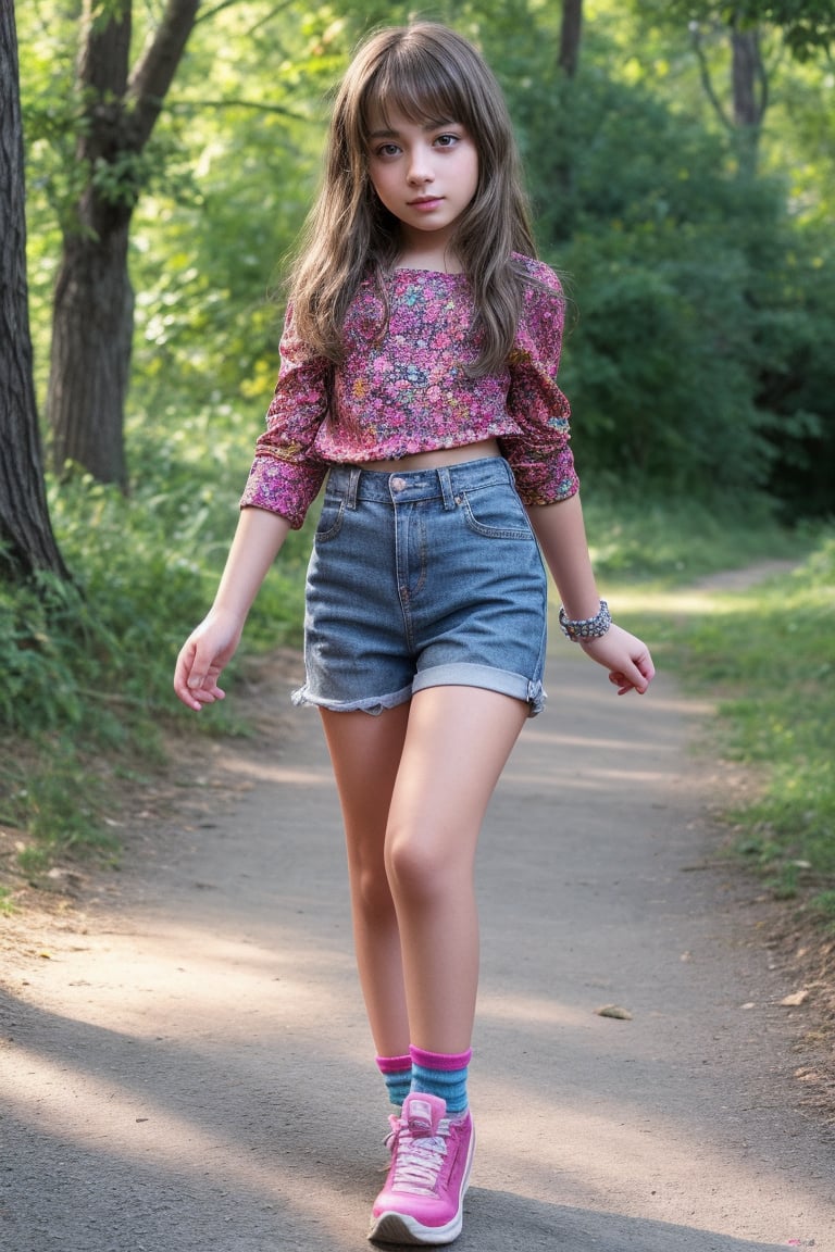 full body view of a 11yo alluring tween girl in colorful childish clothing. (Beautiful face, 8K, HDR, Masterpiece, Hyperrealistic)