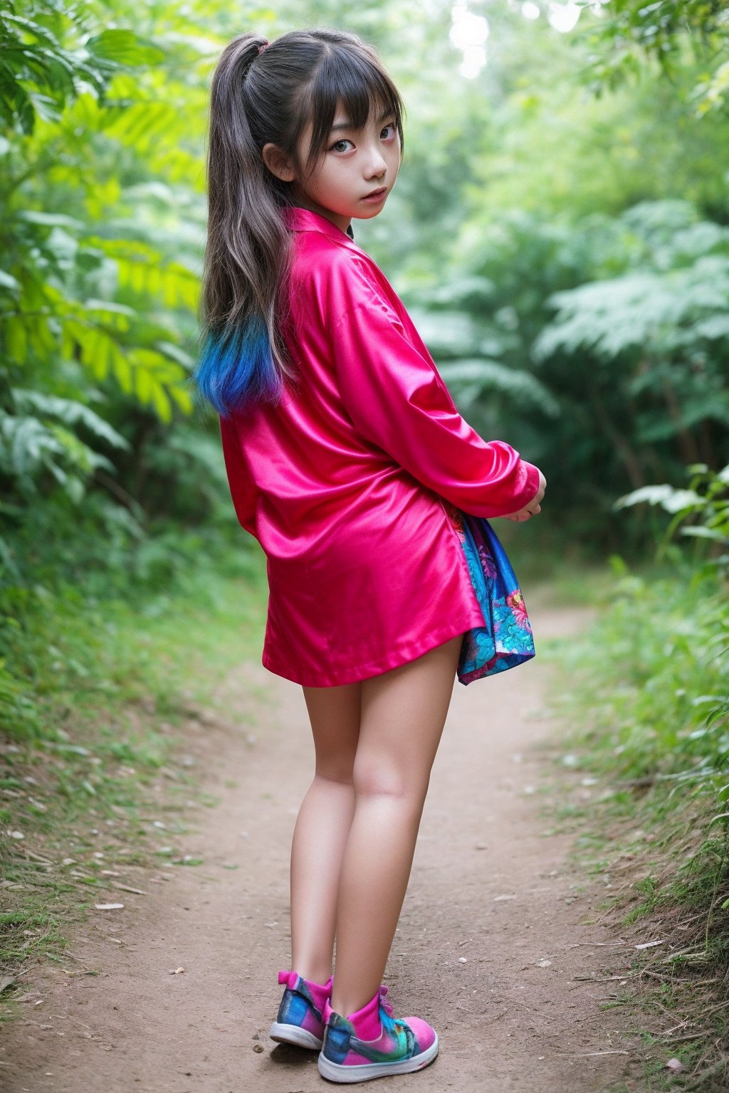 full body view of a 11yo alluring tween girl in colorful asian childish clothing. (Beautiful face, 8K, HDR, Masterpiece, Hyperrealistic)