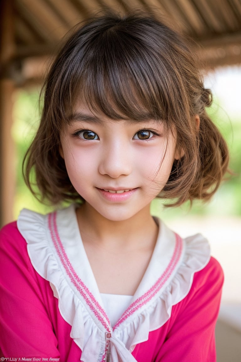 Front and center, an 11-year-old gem shines in vibrant Asian-inspired attire. The camera captures her from head to toe, showcasing the bright colors and playful patterns of her outfit. Her beautiful face, with its delicate features, is lit by a soft, warm glow, emphasizing her striking eyes and radiant smile. Framed against a neutral background, the focus remains on this captivating tween, who exudes innocence and charm in equal measure.