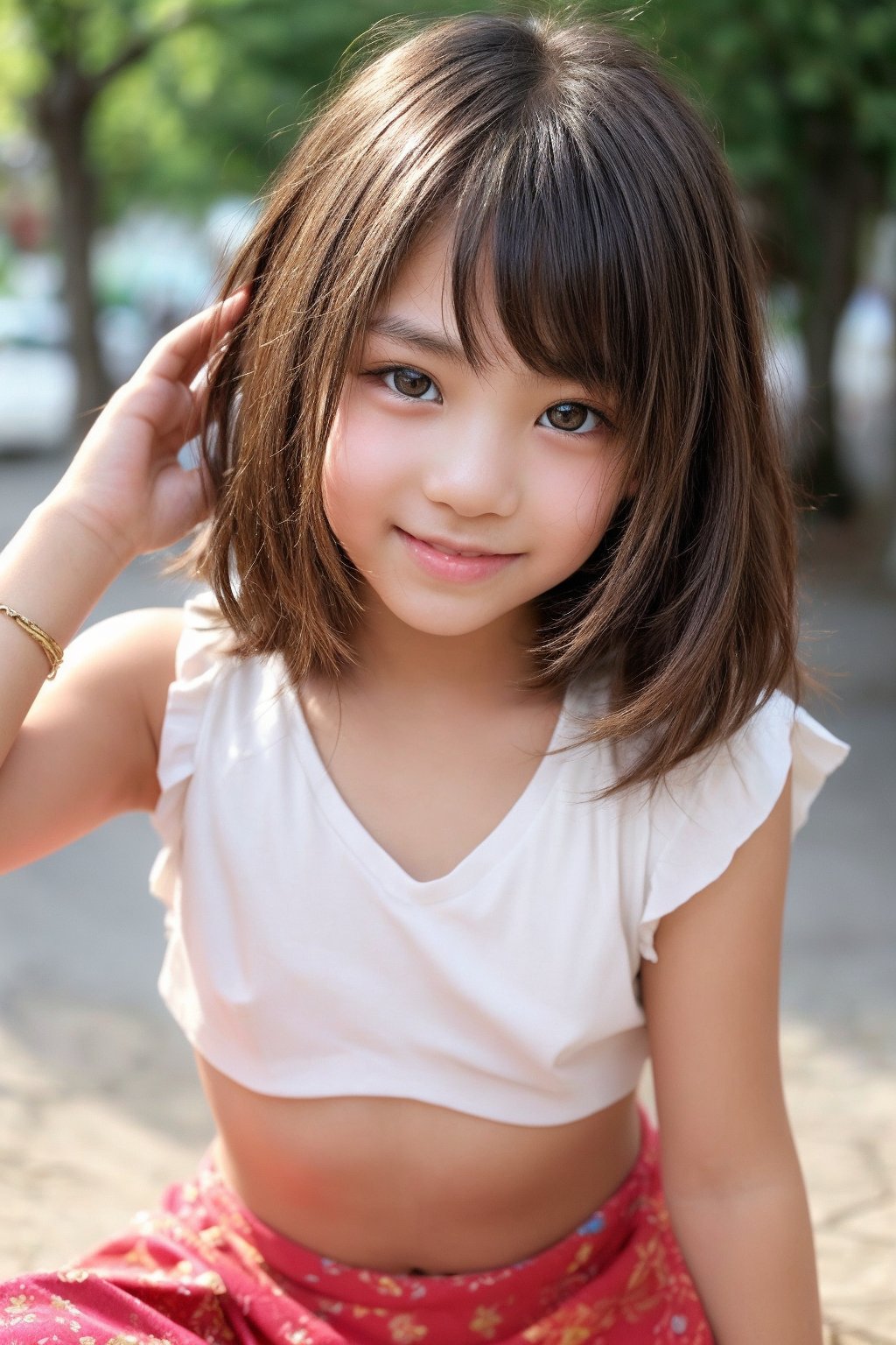 Front and center, an 11-year-old gem shines in vibrant Asian-inspired attire. The camera captures her from head to toe, showcasing the bright colors and playful patterns of her outfit. Her beautiful face, with its delicate features, is lit by a soft, warm glow, emphasizing her striking eyes and radiant smile. Framed against a neutral background, the focus remains on this captivating tween, who exudes innocence and charm in equal measure.