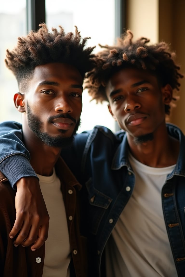 A group of two young men with dark skin and varying lengths of brown hair, one sporting a beard, stand together in front of a window. The sunlight streaming through the glass illuminates their faces, while long sleeves cover their arms. The boys' poses exude camaraderie as they lean against each other, their facial expressions a mix of casual ease and quiet contemplation.