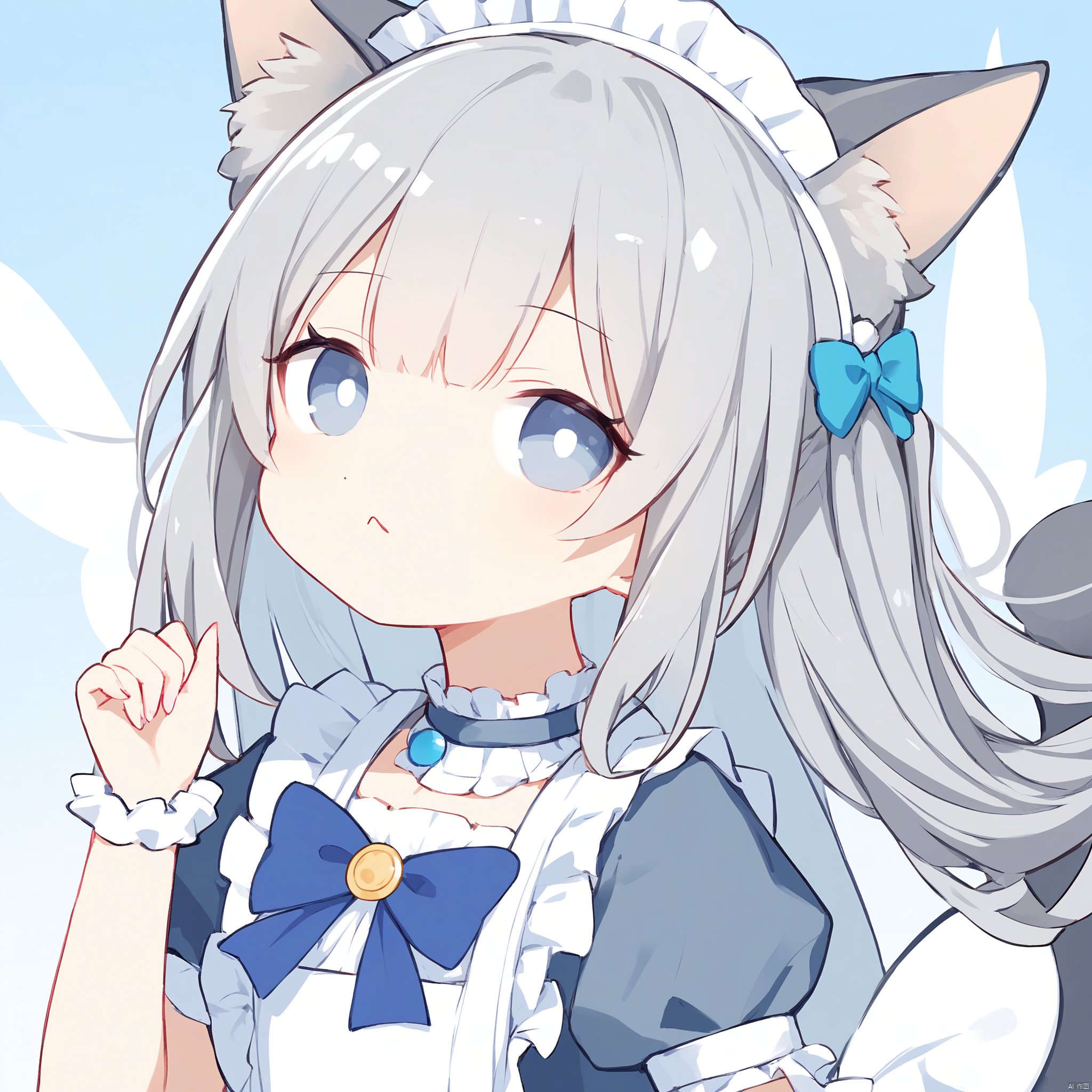 1girl, solo, looking at viewer, blush, bangs, blue eyes, long sleeves, dress, bow, animal ears, hair between eyes, jewelry, tail, white shirt, upper body, grey hair, frills, parted lips, fang, puffy sleeves, cat ears, hand up, white dress, :o, fingernails, cat tail, animal ear fluff, maid, maid headdress, blue bow, cat girl, brooch, puffy long sleeves, center frills, claw pose, tail raised
