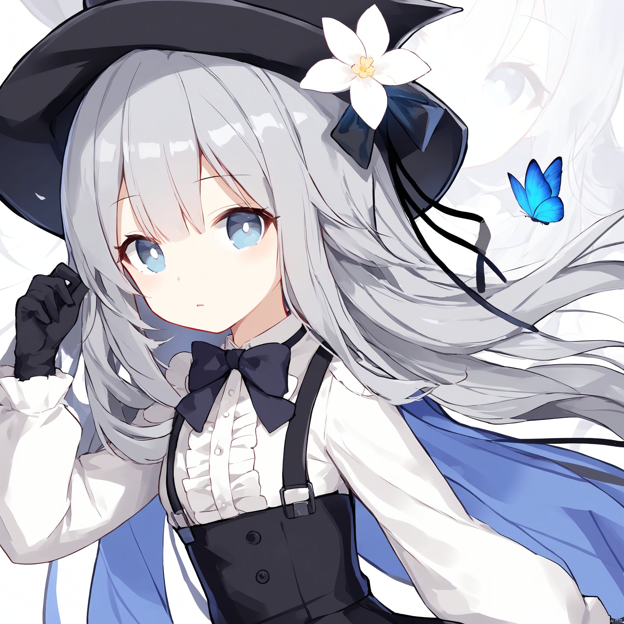  1girl, solo, long hair, looking at viewer, bangs, blue eyes, skirt, shirt, gloves, long sleeves, hat, hair between eyes, very long hair, closed mouth, upper body, flower, grey hair, black gloves, puffy sleeves, collared shirt, hand up, black skirt, book, black headwear, bug, white flower, butterfly, grey shirt, high-waist skirt, purple flower, hat flower