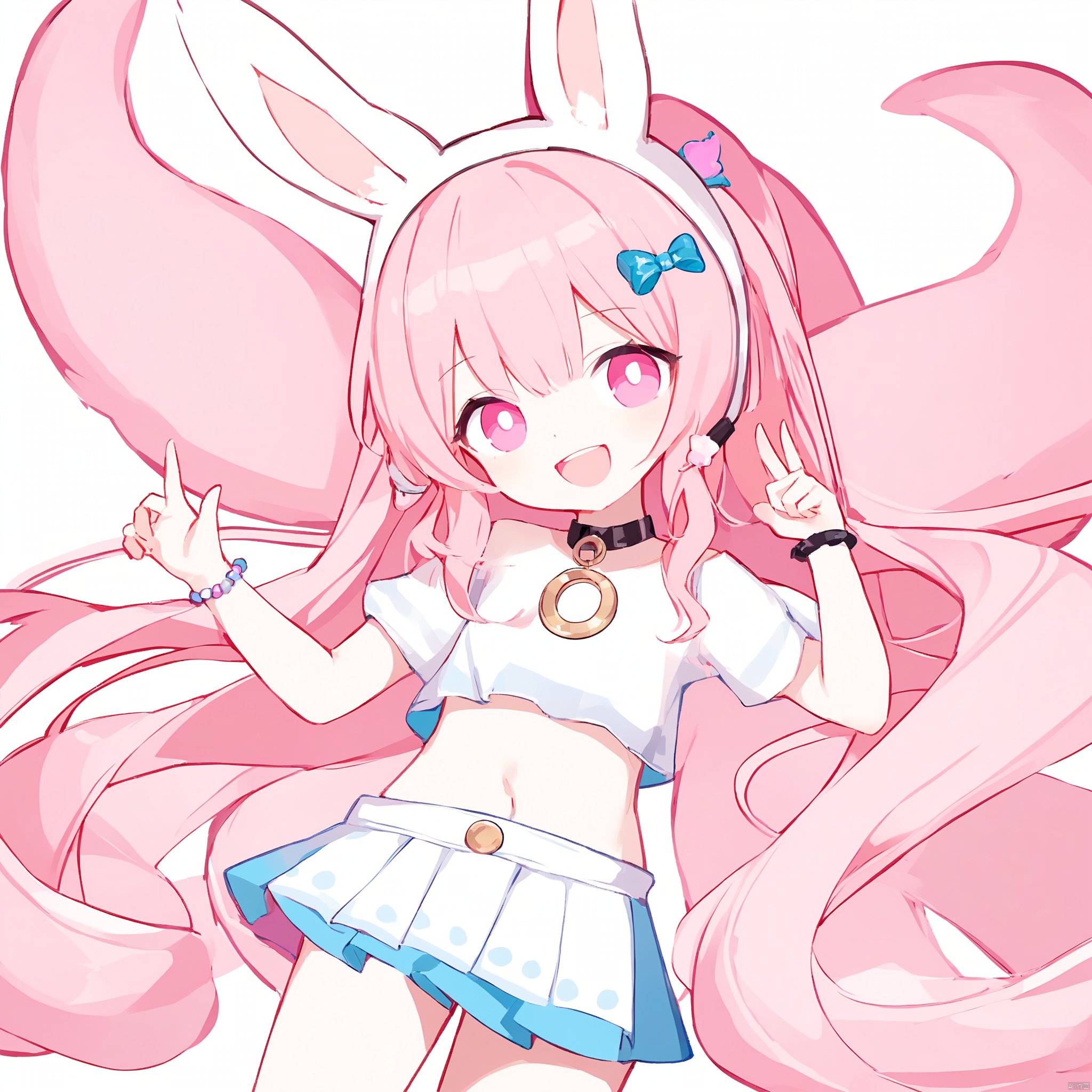 1girl, solo, long hair, looking at viewer, smile, skirt, shirt, hair ornament, bow, navel, animal ears, jewelry, full body, pink hair, white hair, hair bow, heart, multicolored hair, detached sleeves, food, shoes, socks, hairclip, midriff, miniskirt, pink eyes, necklace, crop top, moon, white footwear, loose socks, leg warmers
