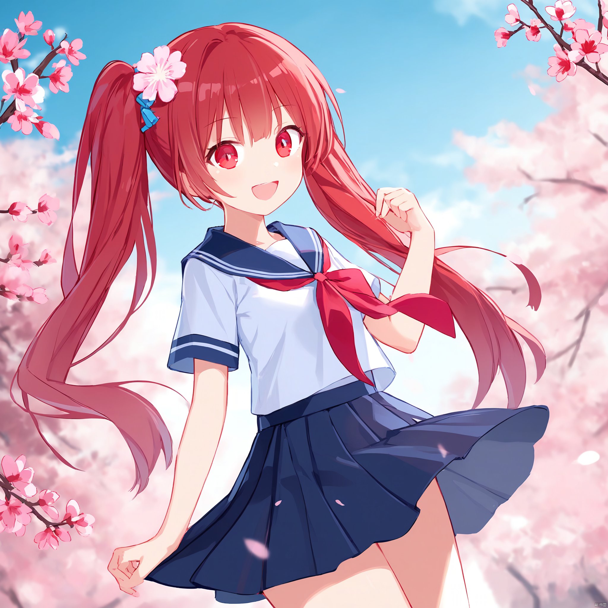 1girl, solo, skirt, long hair, school uniform, pleated skirt, hair ornament, brown hair, sailor collar, serafuku, cherry blossoms, blue skirt, white shirt, shirt, looking at viewer, long sleeves, flower, neckerchief, hairclip, blurry, red neckerchief, closed mouth, braid, cowboy shot, very long hair, red eyes, smile, blue sailor collar, blush, pink flower, blurry background, hand up, hair flower, depth of field, standing, ahoge, branch, midriff peek, petals, breasts, outdoors
