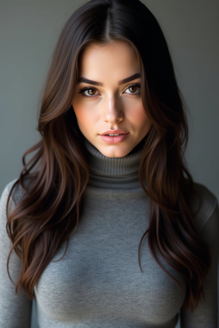 A young woman with striking features and long, dark brown hair cascading down her back, gazes directly into the camera's lens. Her piercing brown eyes sparkle as she tilts her head slightly to one side, showcasing luscious lips. She wears a fitted grey turtleneck sweater that accentuates her toned upper body, set against a subtle grey background that complements her raven-haired beauty.