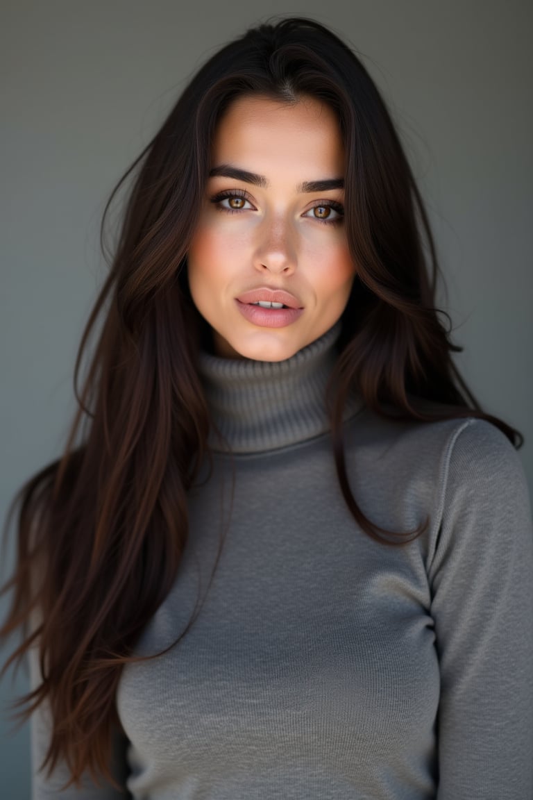 A young woman with striking features and long, dark brown hair cascading down her back, gazes directly into the camera's lens. Her piercing brown eyes sparkle as she tilts her head slightly to one side, showcasing luscious lips. She wears a fitted grey turtleneck sweater that accentuates her toned upper body, set against a subtle grey background that complements her raven-haired beauty.