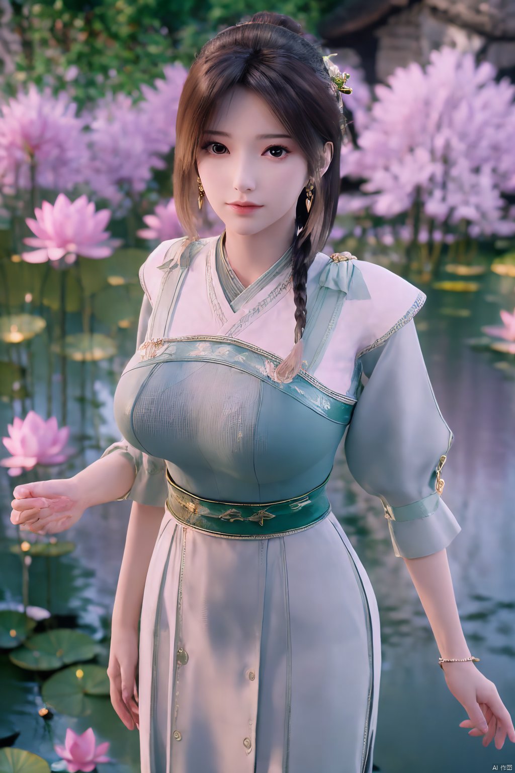 masterpiece,(best quality),(makeup),official art, extremely detailed cg 8k wallpaper,((crystalstexture skin)), (extremely delicate and beautiful),(highly detailed),(1girl), (solo), (jewelry), (earrings),(long_hair),(black_hair),(hair_ornament),(handwear),(breasts),(standing),(braided_hair:1.000),,(upper_body),((dress,skirt)),(multicolored_clothes),(multicolored_dress),(chinese_clothes),(adapted_costume),((closed_mouth)),(sleeves),,(sunshine, outdoor),((looking_at_viewer)),((Facing the camera)),Xzhouxiaohuan,(big breasts:1.89),,(A pond full of pink lotus flowers:1.5),Xjitanyin