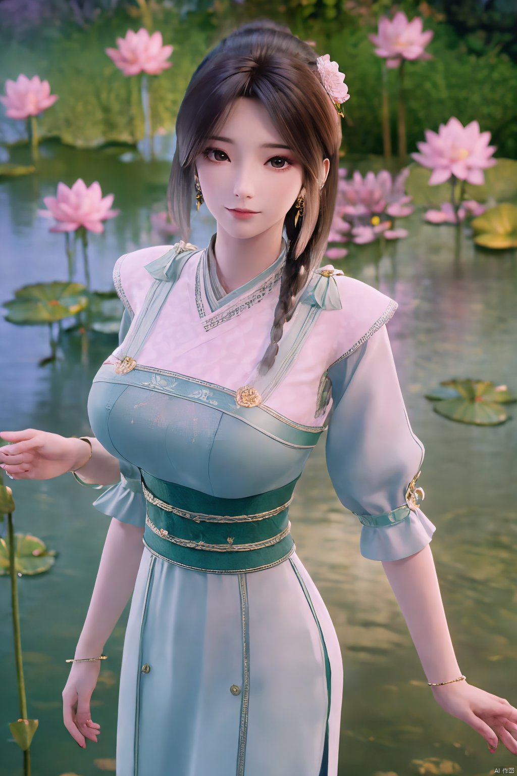 masterpiece,(best quality),(makeup),official art, extremely detailed cg 8k wallpaper,((crystalstexture skin)), (extremely delicate and beautiful),(highly detailed),(1girl), (solo), (jewelry), (earrings),(long_hair),(black_hair),(hair_ornament),(handwear),(breasts),(standing),(braided_hair:1.000),,(upper_body),((dress,skirt)),(multicolored_clothes),(multicolored_dress),(chinese_clothes),(adapted_costume),((closed_mouth)),(sleeves),,(sunshine, outdoor),((looking_at_viewer)),((Facing the camera)),Xzhouxiaohuan,(big breasts:1.89),,(A pond full of pink lotus flowers:1.5),Xjitanyin