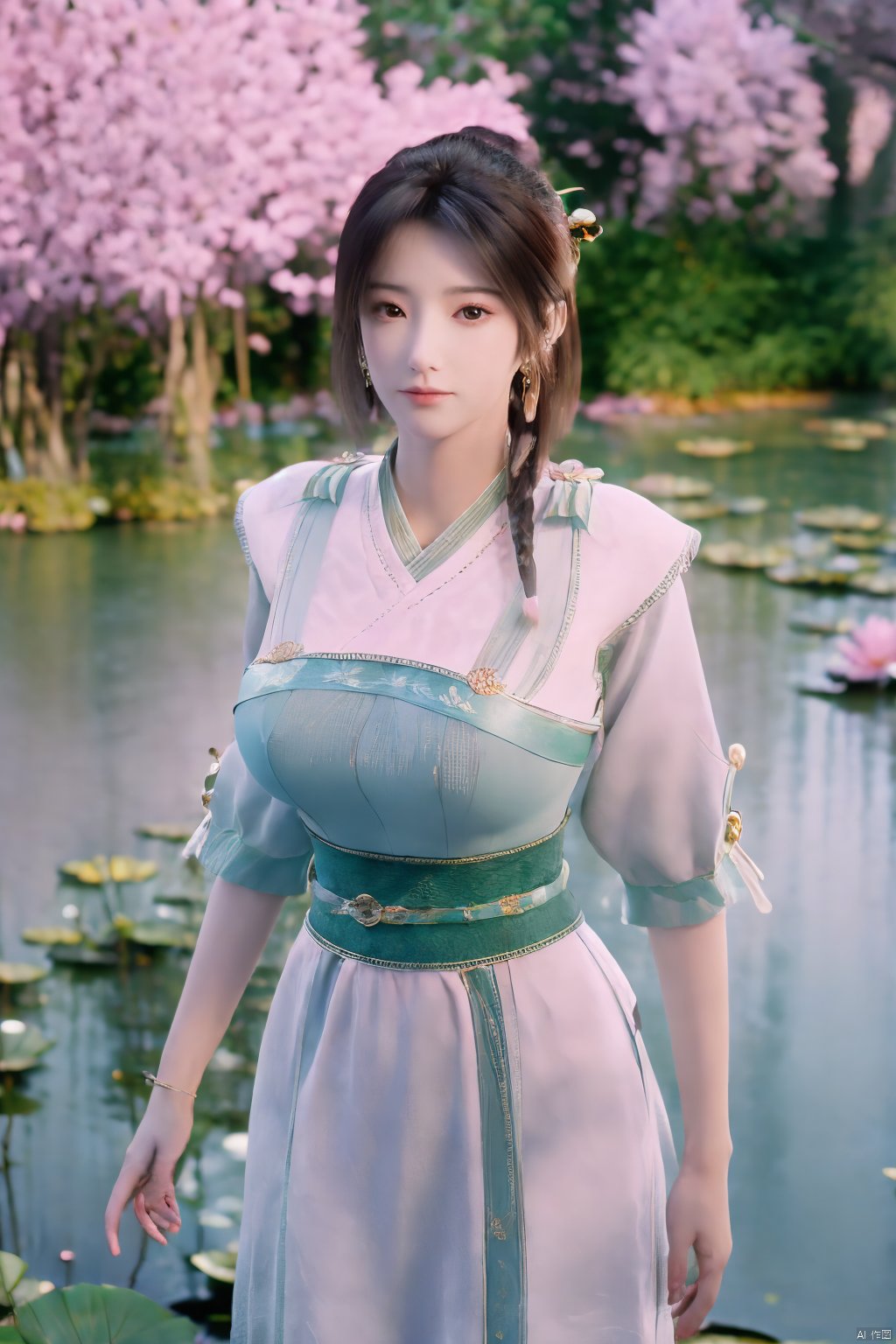 masterpiece,(best quality),(makeup),official art, extremely detailed cg 8k wallpaper,((crystalstexture skin)), (extremely delicate and beautiful),(highly detailed),(1girl), (solo), (jewelry), (earrings),(long_hair),(black_hair),(hair_ornament),(handwear),(breasts),(standing),(braided_hair:1.000),,(upper_body),((dress,skirt)),(multicolored_clothes),(multicolored_dress),(chinese_clothes),(adapted_costume),((closed_mouth)),(sleeves),,(sunshine, outdoor),((looking_at_viewer)),((Facing the camera)),Xzhouxiaohuan,(big breasts:1.89),,(A pond full of pink lotus flowers:1.5),Xjitanyin