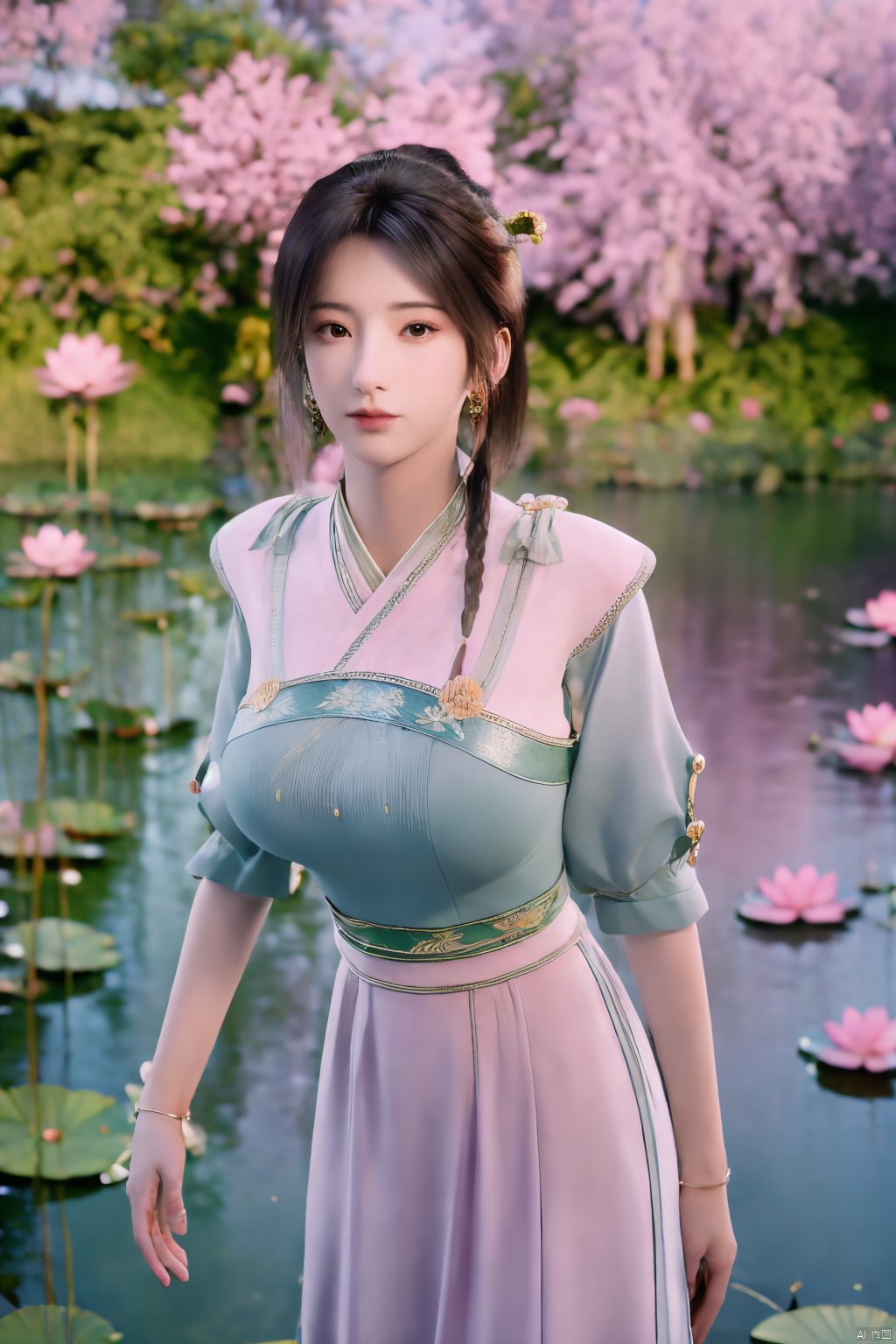 masterpiece,(best quality),(makeup),official art, extremely detailed cg 8k wallpaper,((crystalstexture skin)), (extremely delicate and beautiful),(highly detailed),(1girl), (solo), (jewelry), (earrings),(long_hair),(black_hair),(hair_ornament),(handwear),(breasts),(standing),(braided_hair:1.000),,(upper_body),((dress,skirt)),(multicolored_clothes),(multicolored_dress),(chinese_clothes),(adapted_costume),((closed_mouth)),(sleeves),,(sunshine, outdoor),((looking_at_viewer)),((Facing the camera)),Xzhouxiaohuan,(big breasts:1.89),,(A pond full of pink lotus flowers:1.5),Xjitanyin