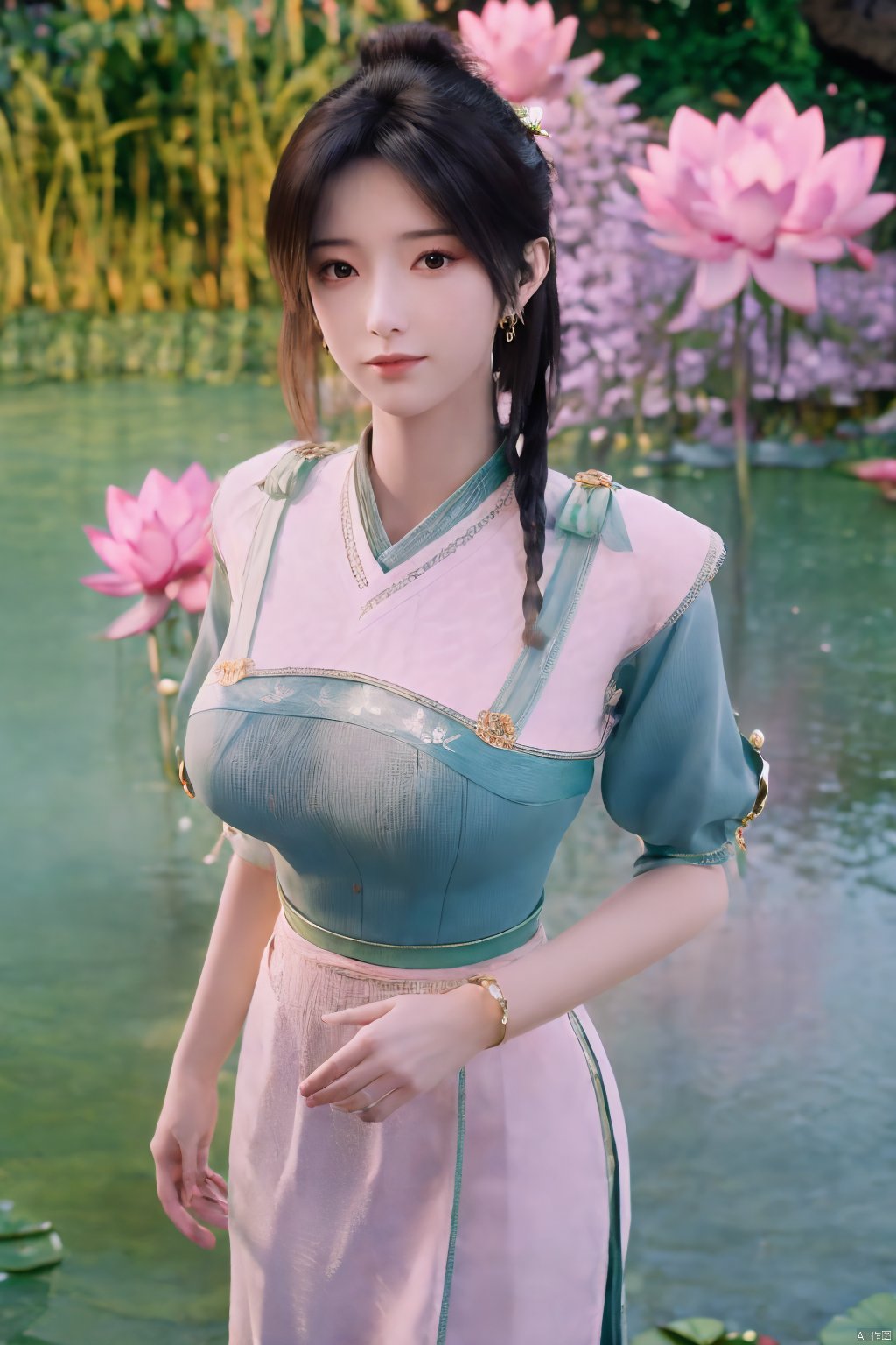 masterpiece,(best quality),(makeup),official art, extremely detailed cg 8k wallpaper,((crystalstexture skin)), (extremely delicate and beautiful),(highly detailed),(1girl), (solo), (jewelry), (earrings),(long_hair),(black_hair),(hair_ornament),(handwear),(breasts),(standing),(braided_hair:1.000),,(upper_body),((dress,skirt)),(multicolored_clothes),(multicolored_dress),(chinese_clothes),(adapted_costume),((closed_mouth)),(sleeves),,(sunshine, outdoor),((looking_at_viewer)),((Facing the camera)),Xzhouxiaohuan,(big breasts:1.89),,(A pond full of pink lotus flowers:1.5),Xjitanyin