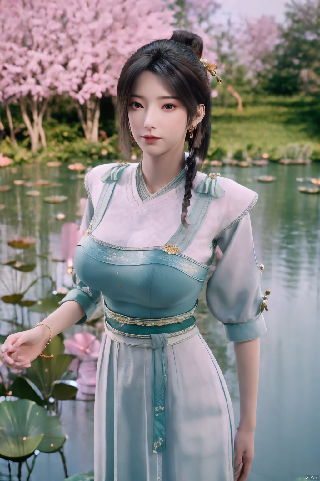 masterpiece,(best quality),(makeup),official art, extremely detailed cg 8k wallpaper,((crystalstexture skin)), (extremely delicate and beautiful),(highly detailed),(1girl), (solo), (jewelry), (earrings),(long_hair),(black_hair),(hair_ornament),(handwear),(breasts),(standing),(braided_hair:1.000),,(upper_body),((dress,skirt)),(multicolored_clothes),(multicolored_dress),(chinese_clothes),(adapted_costume),((closed_mouth)),(sleeves),,(sunshine, outdoor),((looking_at_viewer)),((Facing the camera)),Xzhouxiaohuan,(big breasts:1.89),,(A pond full of pink lotus flowers:1.5),Xjitanyin