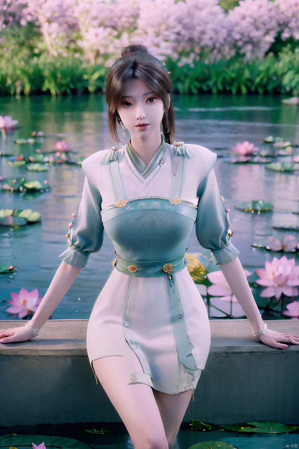 masterpiece,best quality,official art,extremely detailed CG unity 8k wallpaper,realistic,light rays,light particles,1girl,high ponytail,looking_at_viewer,thigh,cowboy_shot,sitting,Xzhouxiaohuan,(big breasts:1.39),,(A pond full of lotus flowers:1.5),Xjitanyin