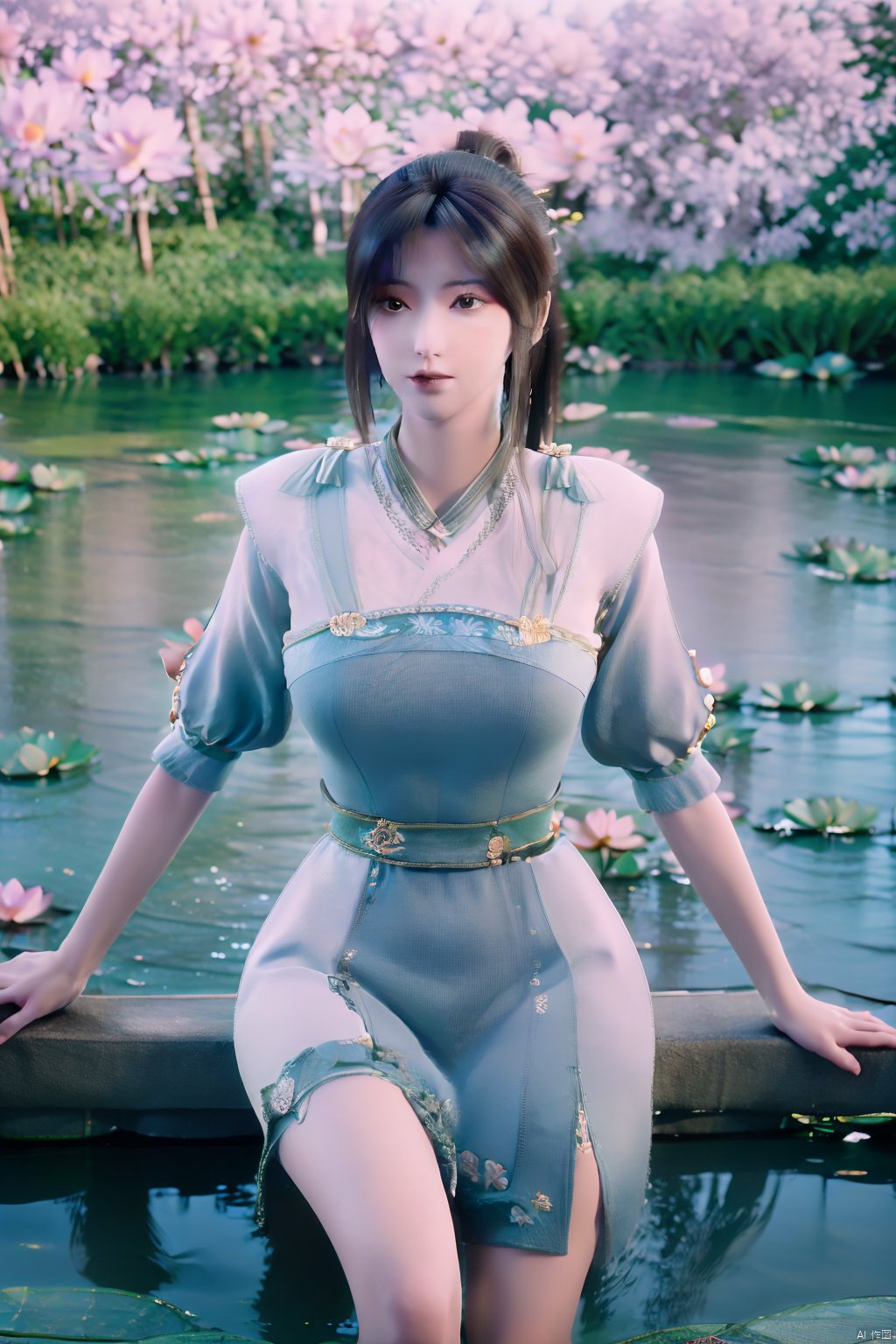 masterpiece,best quality,official art,extremely detailed CG unity 8k wallpaper,realistic,light rays,light particles,1girl,high ponytail,looking_at_viewer,thigh,cowboy_shot,sitting,Xzhouxiaohuan,(big breasts:1.39),,(A pond full of lotus flowers:1.5),Xjitanyin