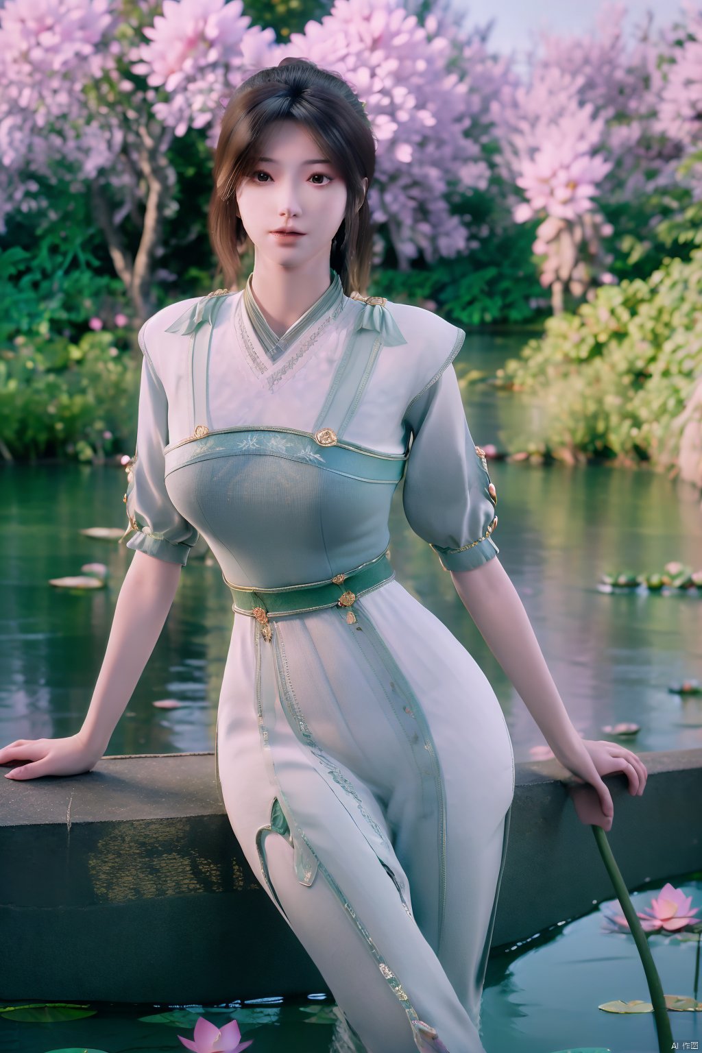 masterpiece,best quality,official art,extremely detailed CG unity 8k wallpaper,realistic,light rays,light particles,1girl,high ponytail,looking_at_viewer,thigh,cowboy_shot,sitting,Xzhouxiaohuan,(big breasts:1.59),,(A pond full of lotus flowers:1.5),Xjitanyin