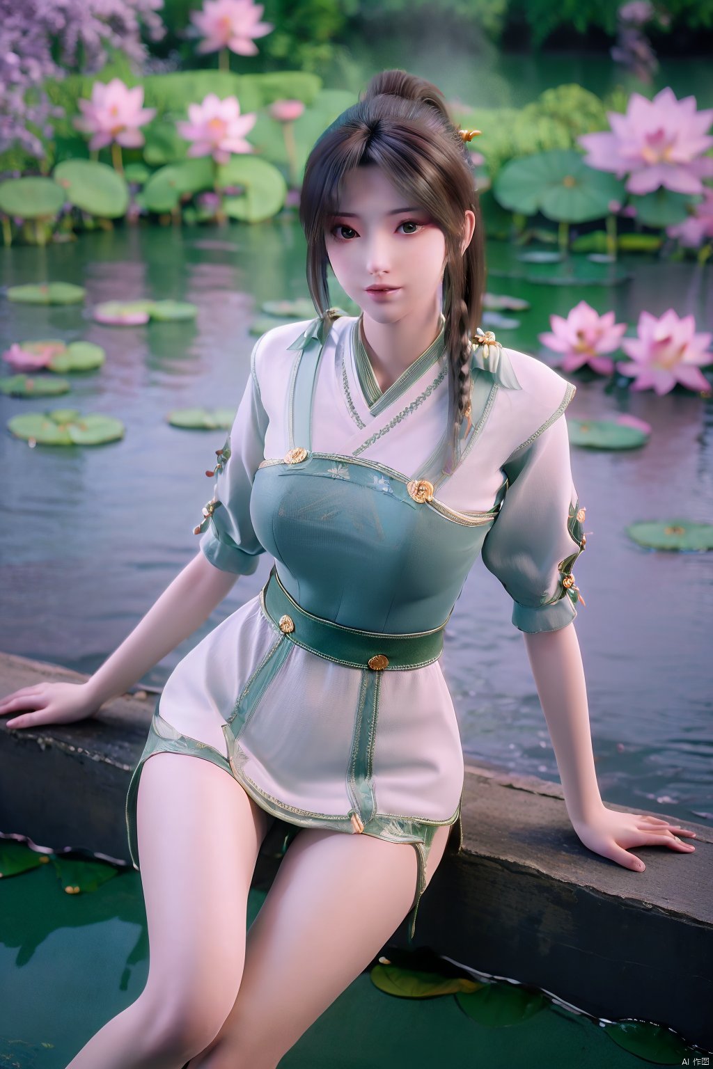 masterpiece,best quality,official art,extremely detailed CG unity 8k wallpaper,realistic,light rays,light particles,1girl,high ponytail,looking_at_viewer,thigh,cowboy_shot,sitting,Xzhouxiaohuan,(big breasts:1.39),,(A pond full of lotus flowers:1.5),Xjitanyin