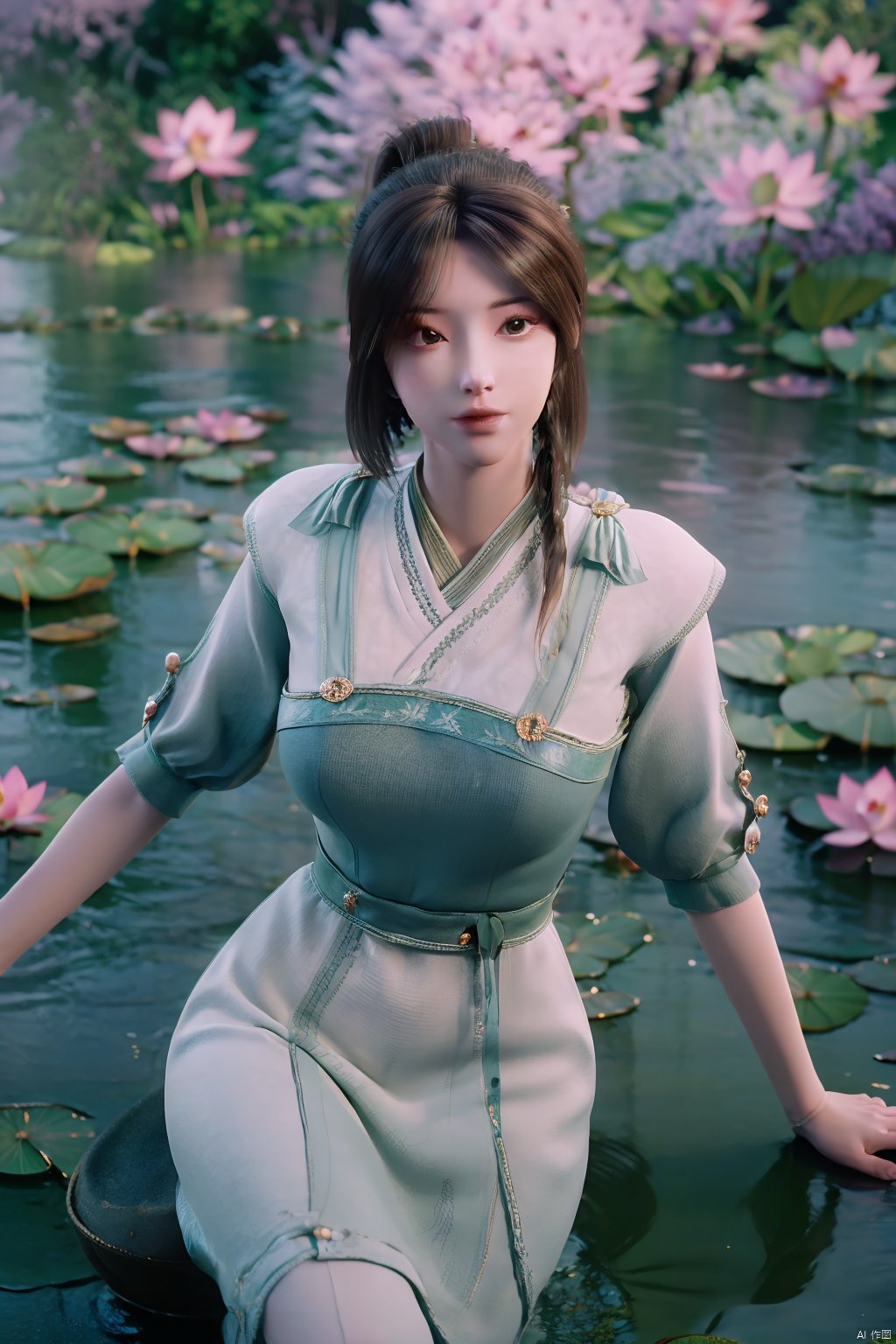 masterpiece,best quality,official art,extremely detailed CG unity 8k wallpaper,realistic,light rays,light particles,1girl,high ponytail,looking_at_viewer,thigh,cowboy_shot,sitting,Xzhouxiaohuan,(big breasts:1.59),,(A pond full of lotus flowers:1.5),Xjitanyin