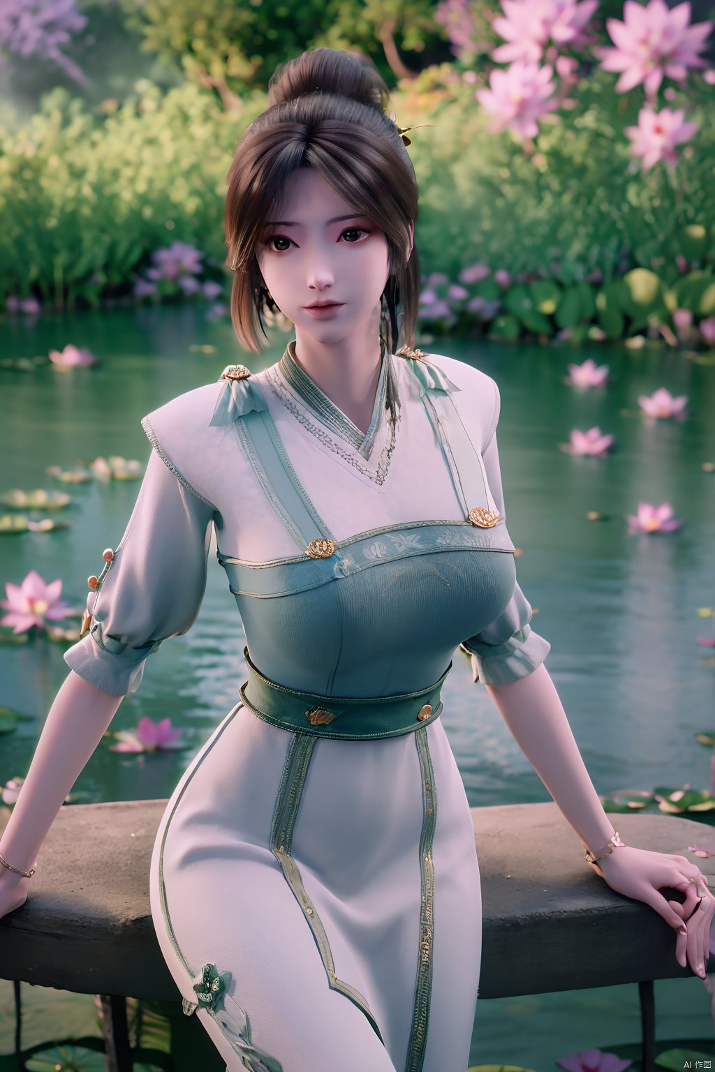 masterpiece,best quality,official art,extremely detailed CG unity 8k wallpaper,realistic,light rays,light particles,1girl,high ponytail,looking_at_viewer,thigh,cowboy_shot,sitting,Xzhouxiaohuan,(big breasts:1.59),,(A pond full of lotus flowers:1.5),Xjitanyin