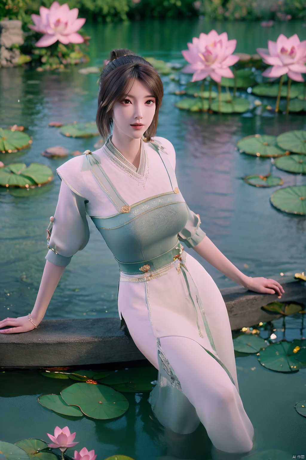 masterpiece,best quality,official art,extremely detailed CG unity 8k wallpaper,realistic,light rays,light particles,1girl,high ponytail,looking_at_viewer,thigh,cowboy_shot,sitting,Xzhouxiaohuan,(big breasts:1.59),,(A pond full of lotus flowers:1.5),Xjitanyin