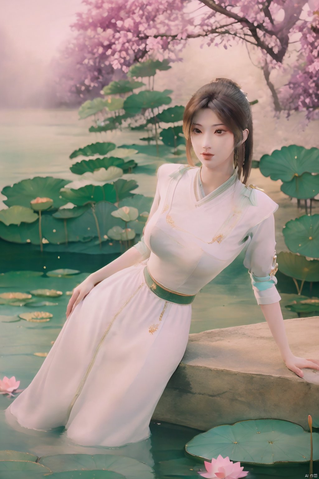 masterpiece,best quality,official art,extremely detailed CG unity 8k wallpaper,realistic,light rays,light particles,1girl,high ponytail,looking_at_viewer,thigh,cowboy_shot,sitting,Xzhouxiaohuan,(big breasts:1.59),,(A pond full of lotus flowers:1.5),Xjitanyin