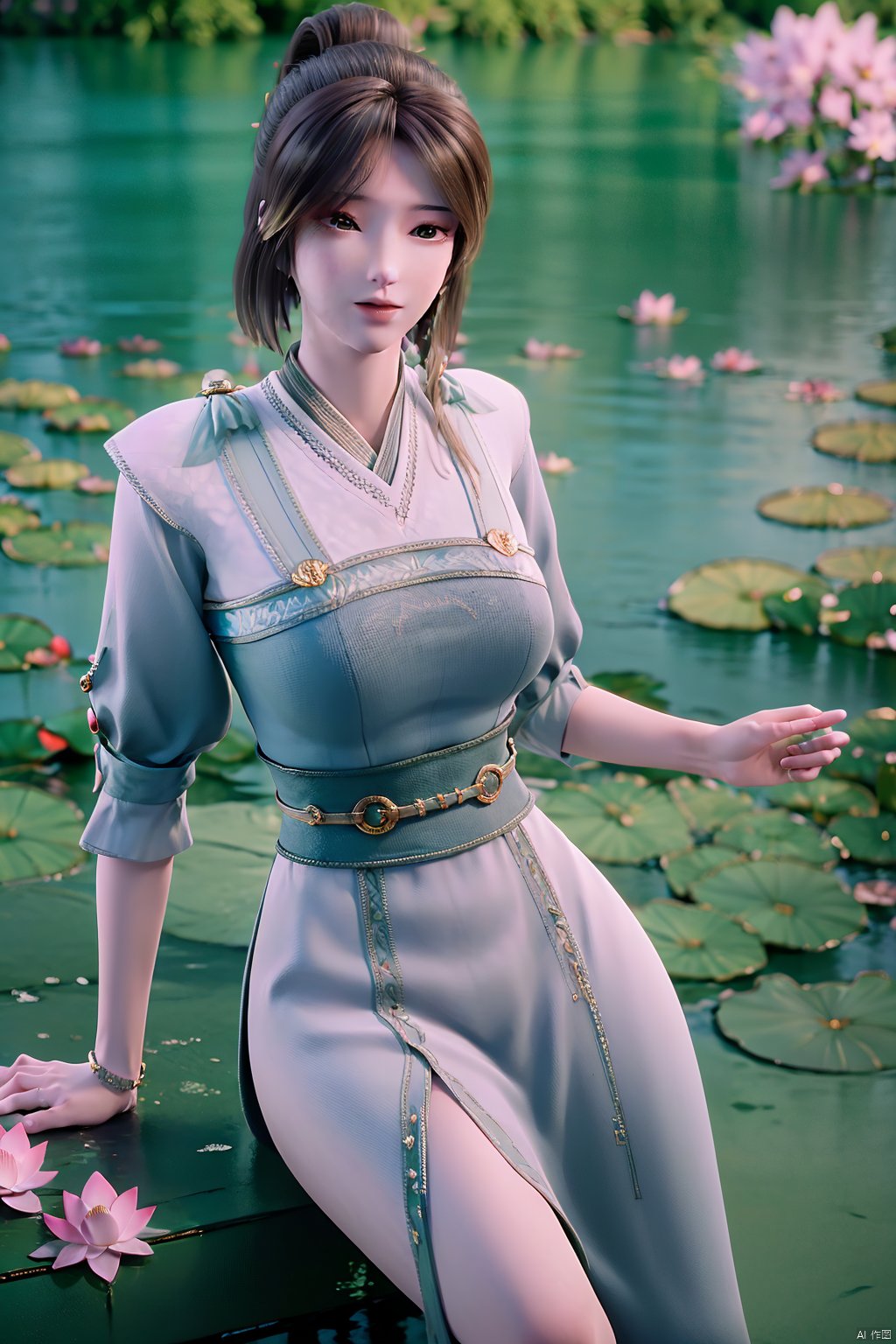 masterpiece,best quality,official art,extremely detailed CG unity 8k wallpaper,realistic,light rays,light particles,1girl,high ponytail,looking_at_viewer,thigh,cowboy_shot,sitting,Xzhouxiaohuan,(big breasts:1.39),,(A pond full of lotus flowers:1.5),Xjitanyin