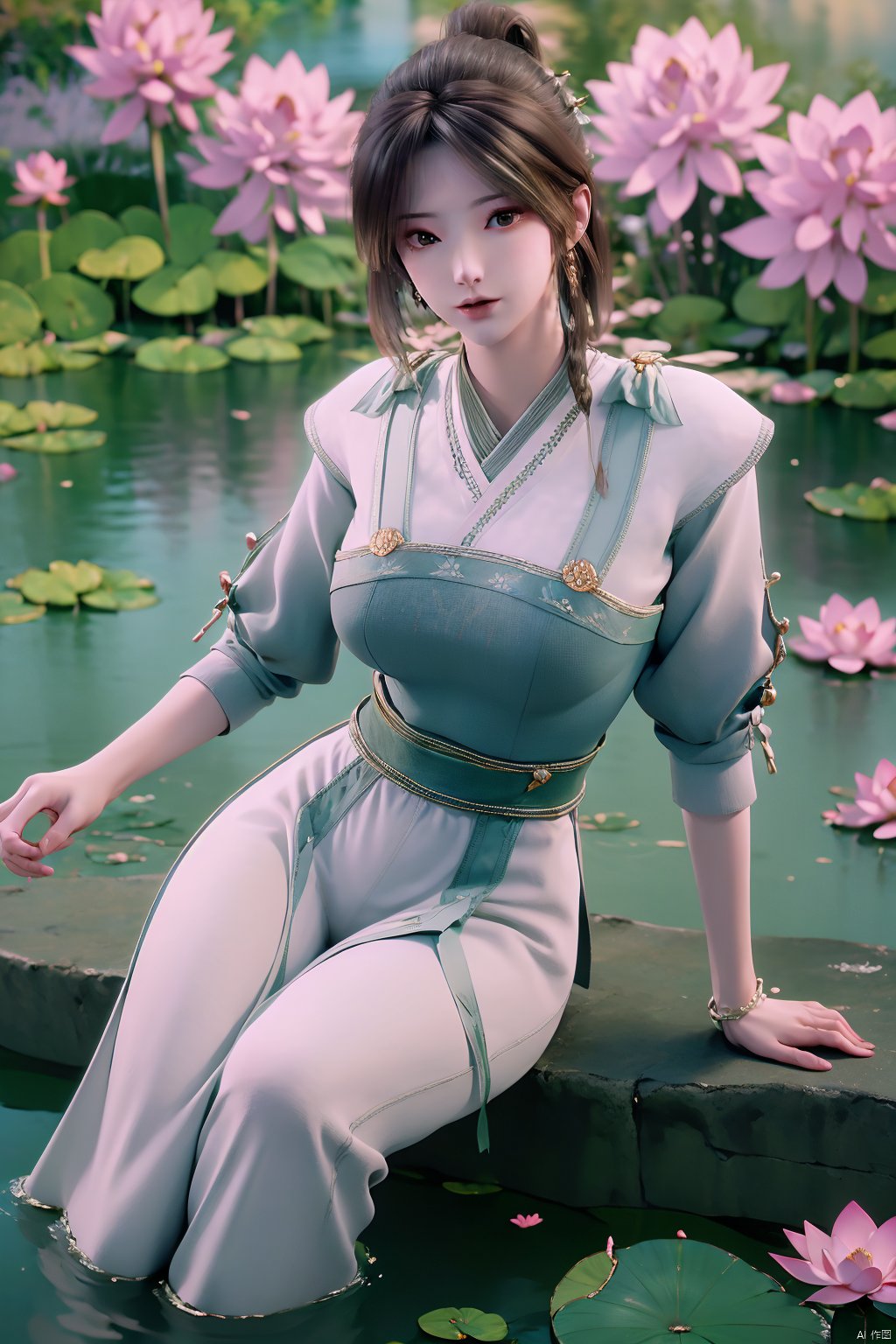 masterpiece,best quality,official art,extremely detailed CG unity 8k wallpaper,realistic,light rays,light particles,1girl,high ponytail,looking_at_viewer,thigh,cowboy_shot,sitting,Xzhouxiaohuan,(big breasts:1.59),,(A pond full of lotus flowers:1.5),Xjitanyin