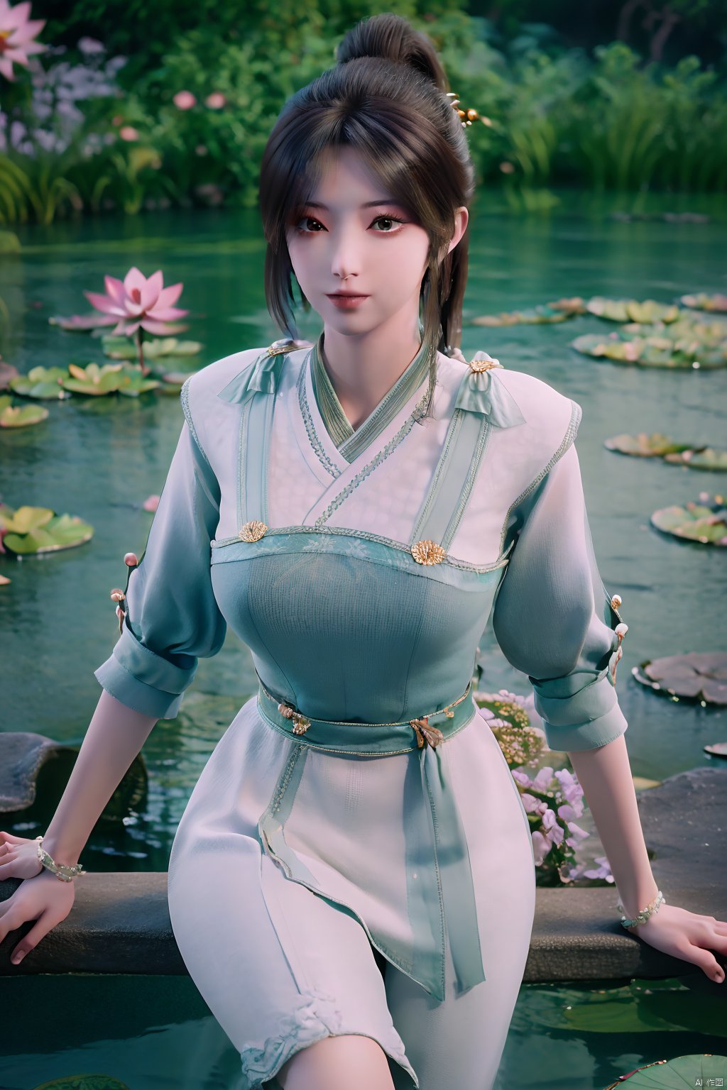 masterpiece,best quality,official art,extremely detailed CG unity 8k wallpaper,realistic,light rays,light particles,1girl,high ponytail,looking_at_viewer,thigh,cowboy_shot,sitting,Xzhouxiaohuan,(big breasts:1.39),,(A pond full of lotus flowers:1.5),Xjitanyin