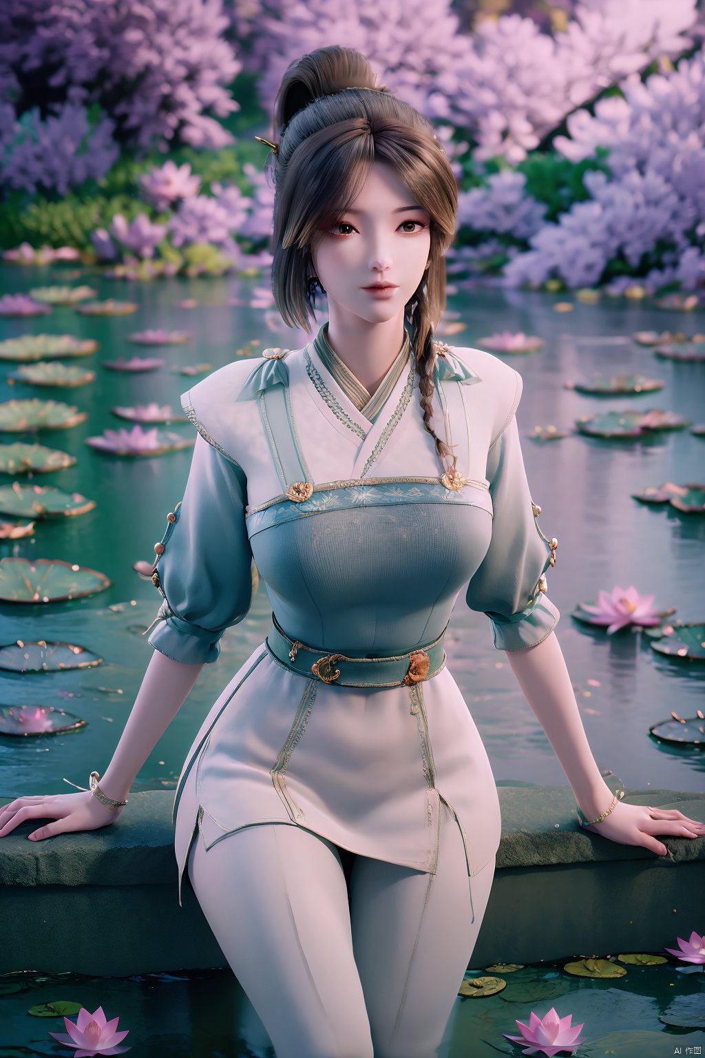 masterpiece,best quality,official art,extremely detailed CG unity 8k wallpaper,realistic,light rays,light particles,1girl,high ponytail,looking_at_viewer,thigh,cowboy_shot,sitting,Xzhouxiaohuan,(big breasts:1.59),,(A pond full of lotus flowers:1.5),Xjitanyin