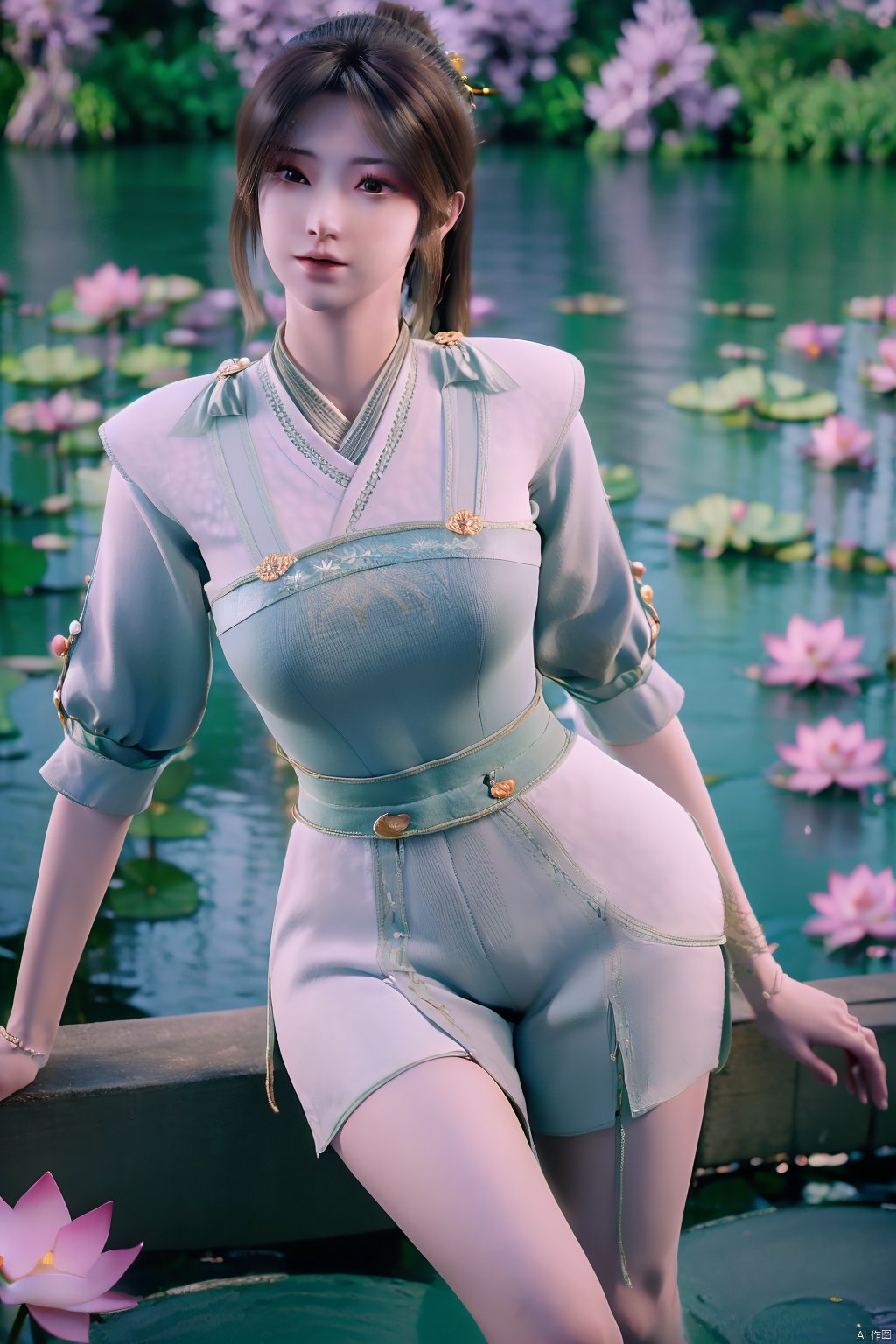 masterpiece,best quality,official art,extremely detailed CG unity 8k wallpaper,realistic,light rays,light particles,1girl,high ponytail,looking_at_viewer,thigh,cowboy_shot,sitting,Xzhouxiaohuan,(big breasts:1.39),,(A pond full of lotus flowers:1.5),Xjitanyin