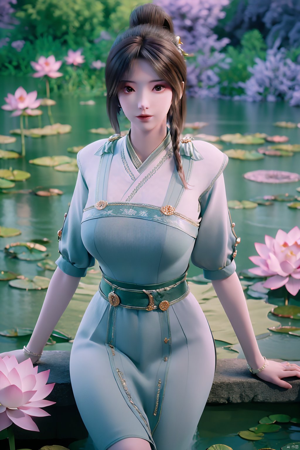 masterpiece,best quality,official art,extremely detailed CG unity 8k wallpaper,realistic,light rays,light particles,1girl,high ponytail,looking_at_viewer,thigh,cowboy_shot,sitting,Xzhouxiaohuan,(big breasts:1.59),,(A pond full of lotus flowers:1.5),Xjitanyin