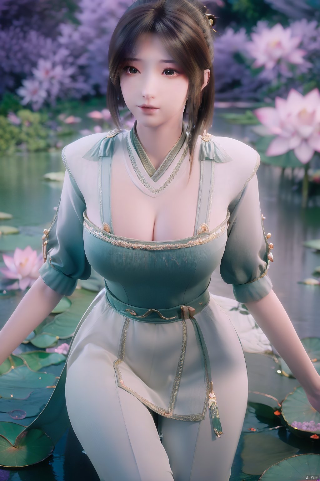 masterpiece,best quality,official art,extremely detailed CG unity 8k wallpaper,realistic,light rays,light particles,1girl,high ponytail,looking_at_viewer,thigh,cowboy_shot,sitting,Xzhouxiaohuan,(big breasts:1.59),,(A pond full of lotus flowers:1.5),Xjitanyin