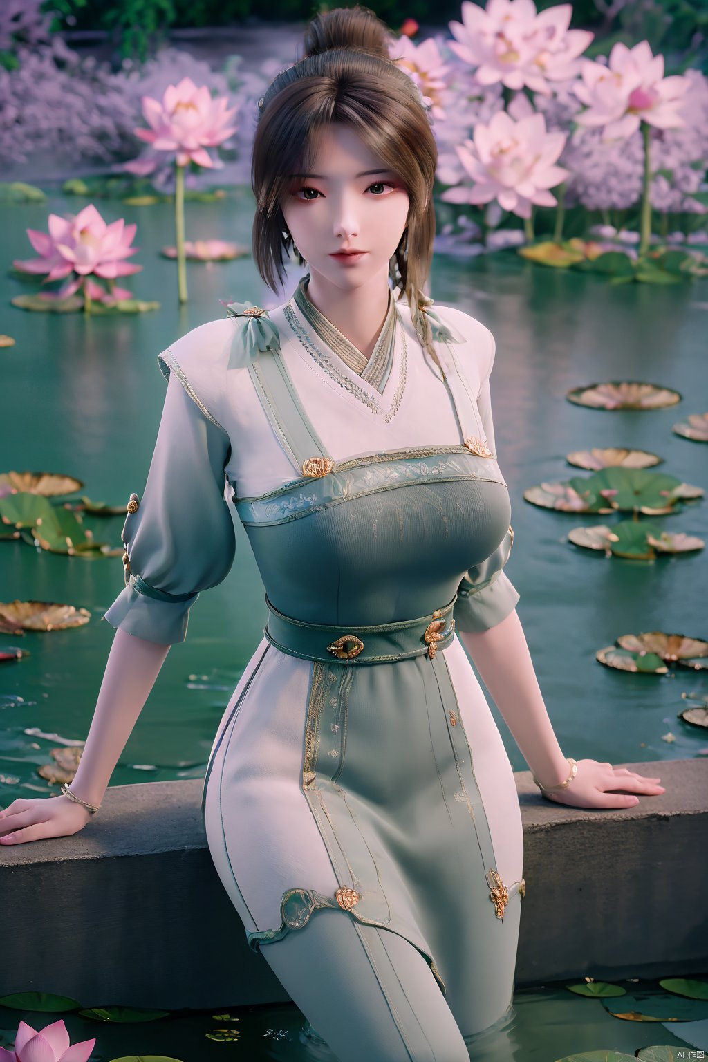 masterpiece,best quality,official art,extremely detailed CG unity 8k wallpaper,realistic,light rays,light particles,1girl,high ponytail,looking_at_viewer,thigh,cowboy_shot,sitting,Xzhouxiaohuan,(big breasts:1.59),,(A pond full of lotus flowers:1.5),Xjitanyin