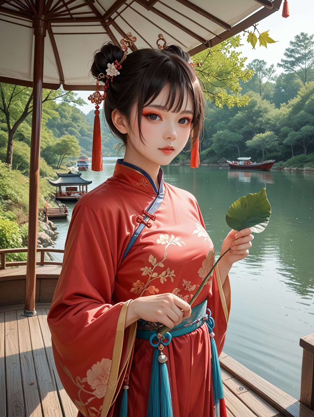 score_9, score_8_up, score_7_up,outdoors, lake, gazebo, boat, 1girl,red eyeshadow, blush, shaded face,  chinese clothes, hanfu,holding leaf, looking at viewer,   