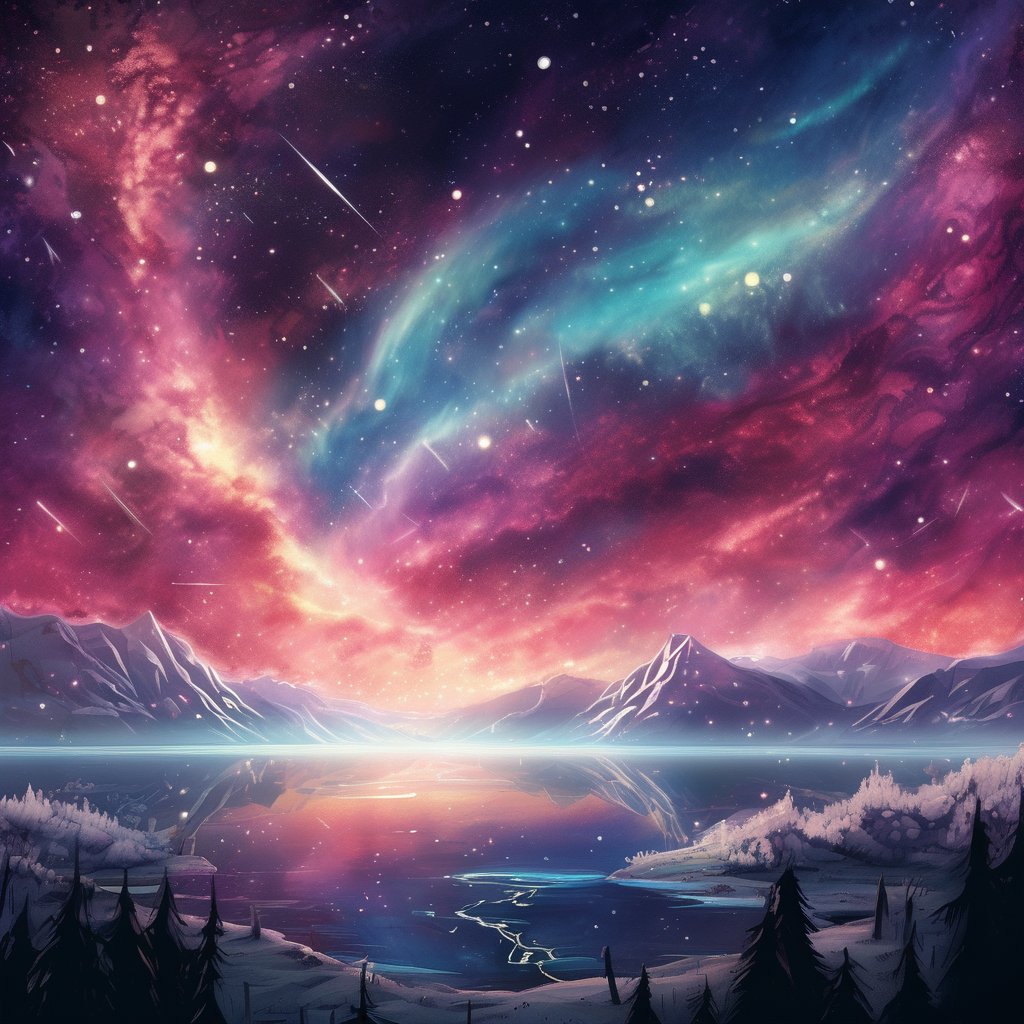 masterpiece, best quality, aesthetic, moonlit lakes, auroras,noc-space