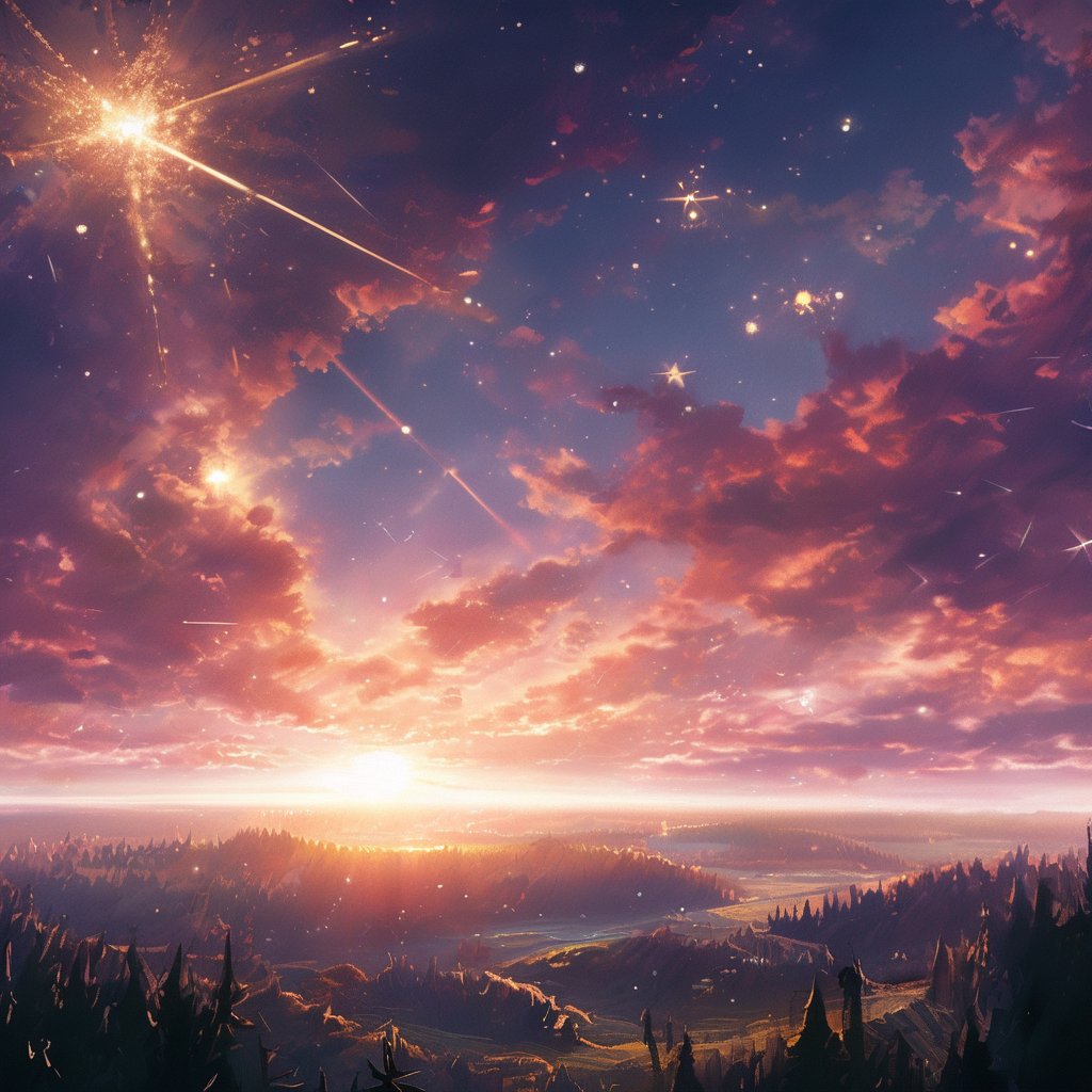 Dawn, intricate, recognizing the land, into the forest, only light of the stars, wonderful sky, view from the low, deep background, cinematic light. dynamic light,noc-space