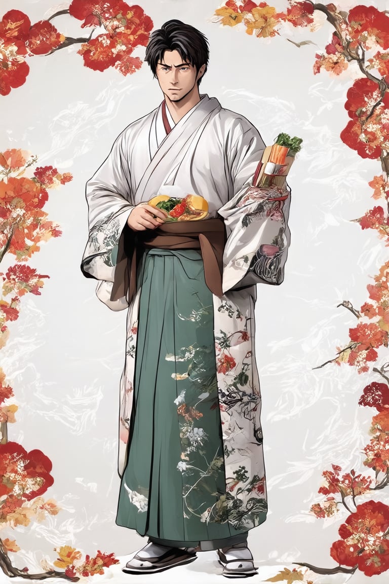 The image is a digital illustration featuring a male figure standing against a textured white background. The figure is depicted in a relaxed pose with one hand slightly touching the front of his outfit. His attire consists of a kimono and hakama skirt with various food items, including noodles, vegetables, and meats, suggesting a culinary theme. The colors in the pattern are vibrant, with reds, greens, and browns prominently featured. The illustration style is detailed, with clear outlines and shading that give depth to the design. There is no additional context provided beyond the figure and his attire.