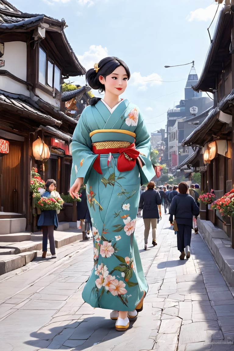 A traditional Japanese old town with a woman wearing a vibrant kimono adorned with elegant floral patterns. She has black hair styled in a high bun, secured with a gold and gemstone hairpin. She is walking slowly on the street amidst a bustling crowd. The scene captures her from a medium distance, showing an old street with closely-packed houses that exude a classic atmosphere, with lively townsfolk passing by. Natural, soft lighting highlights her relaxed posture and the dynamic  old town background. In terms of composition, the woman is centered, with the cityscape framing her, creating a harmonious balance between the subject and the background. The style is Pixar-like, with enhanced realism