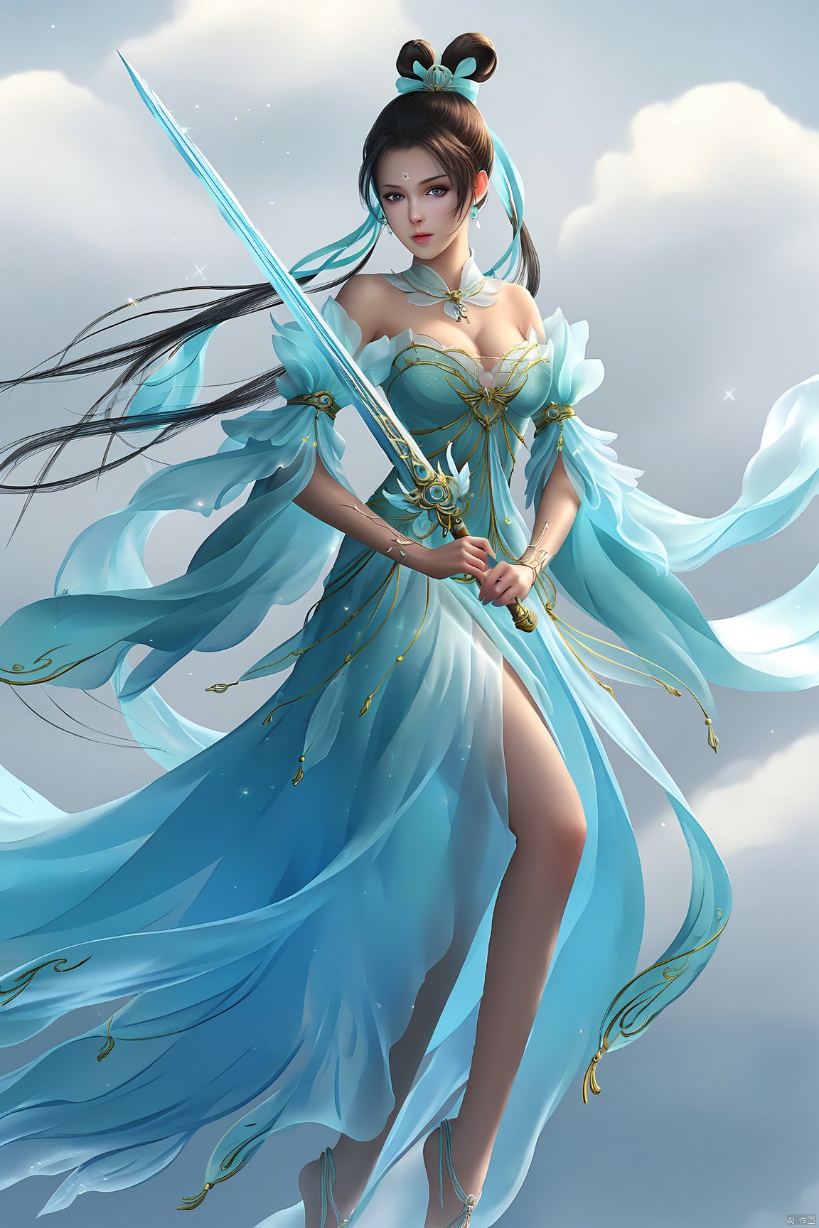 The female character wears a elegant fairy clothes, the color is light like a cloud, and the fairy air is lingering. Her clothes are smooth and smooth, as if dancing with the wind, and every detail shows her nobility and elegance. Wearing a simple and elegant bun, the bun is inserted with a few fresh flowers, emitting a light fragrance. Long hair shawl, like a waterfall, shining a light. Holding a glittering cold long sword, the sword is carved with exquisite patterns, the tip of the sword is shining like a meteor