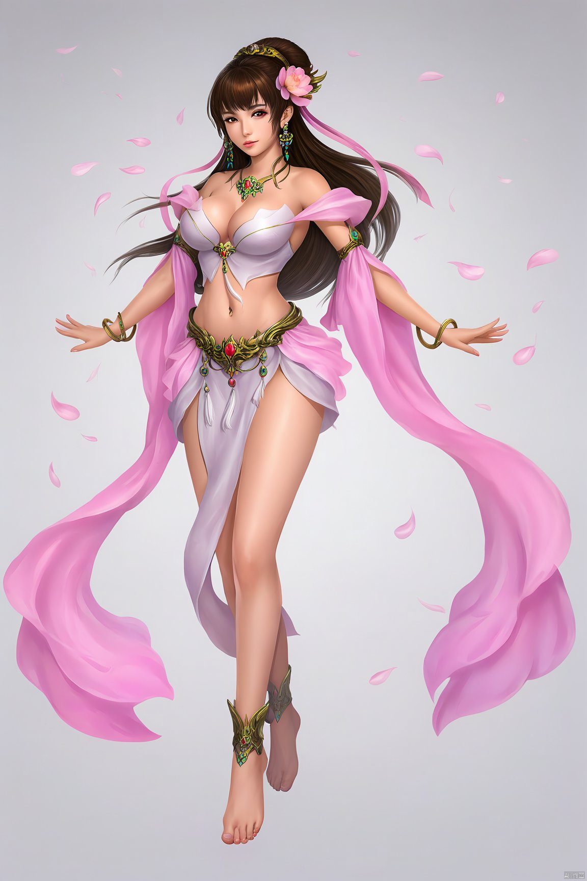 Girls, solo, weapons, swords, jewelry, long legs, navel, petals, brown hair, bare shoulders, earrings, parted sleeves, black hair, long pink legs, brown eyes, hair decoration