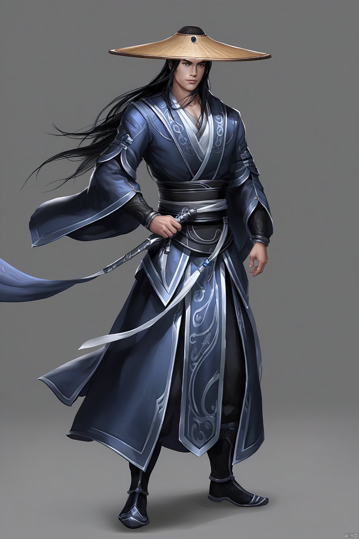 The male character wears a simple Jianghu costume, the color is deep, the style is simple. His clothes were loose and easy, suitable for agility. He wore a wide-brimmed hat, which covered most of his face under the brim, revealing only a pair of sharp eyes. Handsome face, with a little uninhibited and chic. Long hair flowing naturally, flying with the wind, showing his bold and free. He wears a wide belt around his waist, tied to a steel sword, which is carved with a simple pattern, revealing his sharpness and determination