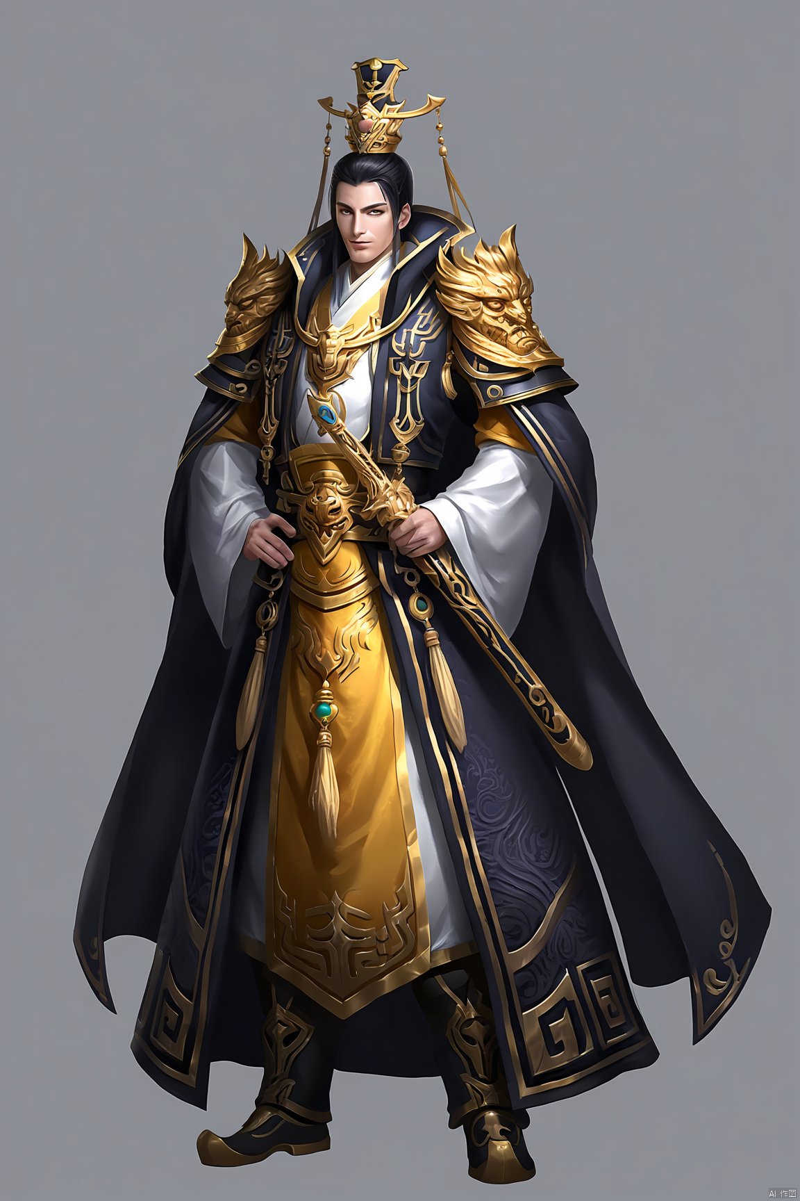 The male character wears a solemn court general's costume, which is deep and elegant in color, highlighting his majesty and poise. The general's cloak, embroidered with gold and silk, symbolized his authority and status. Wearing a golden crown on his head, gorgeous and bright, to show his noble status. His face was grave and resolute, and exuded an inviolable authority. Long hair is tied up, and every strand of hair reveals the momentum of commanding thousands of troops. Holding a sword in his hand, the sword was carved with beautiful patterns and radiated great power. His step was steady and powerful, exuding a commanding bearing and majesty