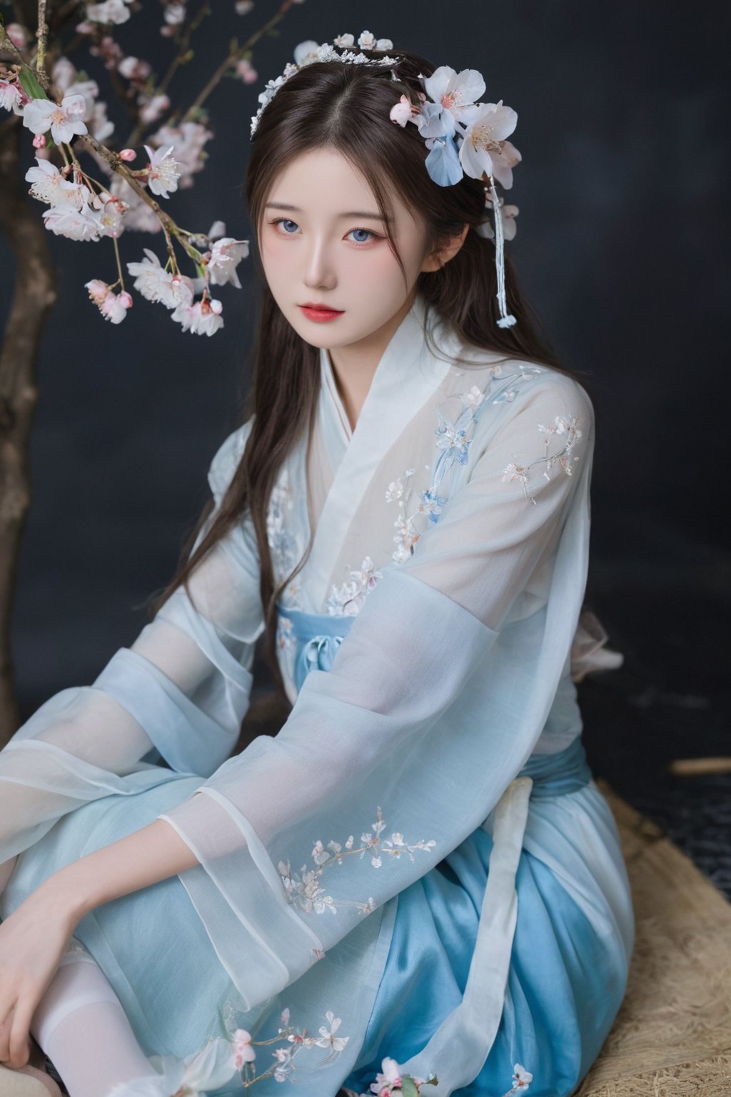 Surreal Portrait Photography of hubggirl, ultra realistic,best quality ,photorealistic,Extremely Realistic, in depth, cinematic light, 

BREAK
a woman in a blue period dress sitting on the ground,traditional attire,hanfu,cherry blossoms,serene expression,seated pose,ethereal lighting,black background,flowing fabric,reflective surface,high contrast,gentle gaze,soft makeup,pastel colors,blurred petals falling,cultural,fantasy ambiance,elegance,grace,historical costume,fabric draping,photoshoot,artistic composition,side lighting,blue gradient dress,tranquil atmosphere,delicate accessories,hair ornaments,

BREAK
dynamic poses, particle effects, perfect hands, perfect lighting, vibrant colors, intricate details, high detailed skin, intricate background, realistic, raw, analog, taken by Sony Alpha 7R IV, Zeiss Otus 85mm F1.4, ISO 100 Shutter Speed 1/400, Vivid picture, More Reasonable Details