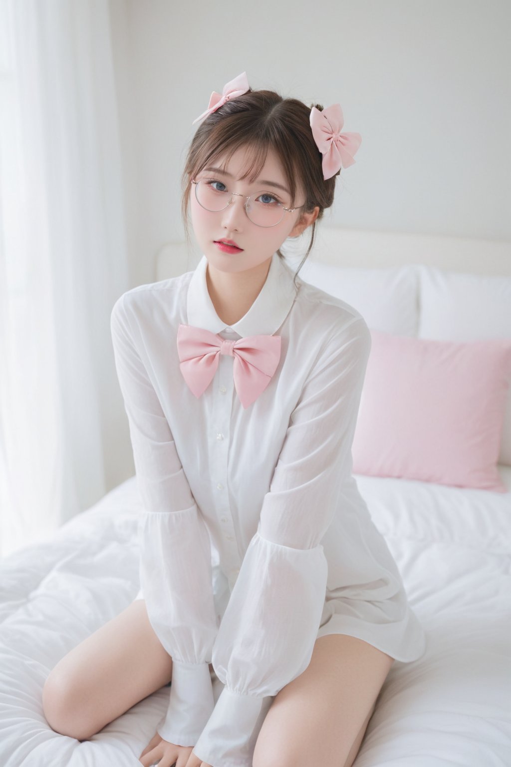 Surreal Portrait Photography of hubggirl, ultra realistic,best quality ,photorealistic,Extremely Realistic, in depth, cinematic light, 

BREAK
large round glasses,double bun hairstyle,pink bow accessory,white collar blouse,gazing directly at the camera with a gentle expression,kneeling on a white bed,blurred background suggesting a bright,airy room,pastel color palette,delicate and whimsical ambiance,soft-focus effect,high-key lighting,possibly inspired by Japanese anime or schoolgirl fashion aesthetics,

BREAK
dynamic poses, particle effects, perfect hands, perfect lighting, vibrant colors, intricate details, high detailed skin, intricate background, realistic, raw, analog, taken by Sony Alpha 7R IV, Zeiss Otus 85mm F1.4, ISO 100 Shutter Speed 1/400, Vivid picture, More Reasonable Details