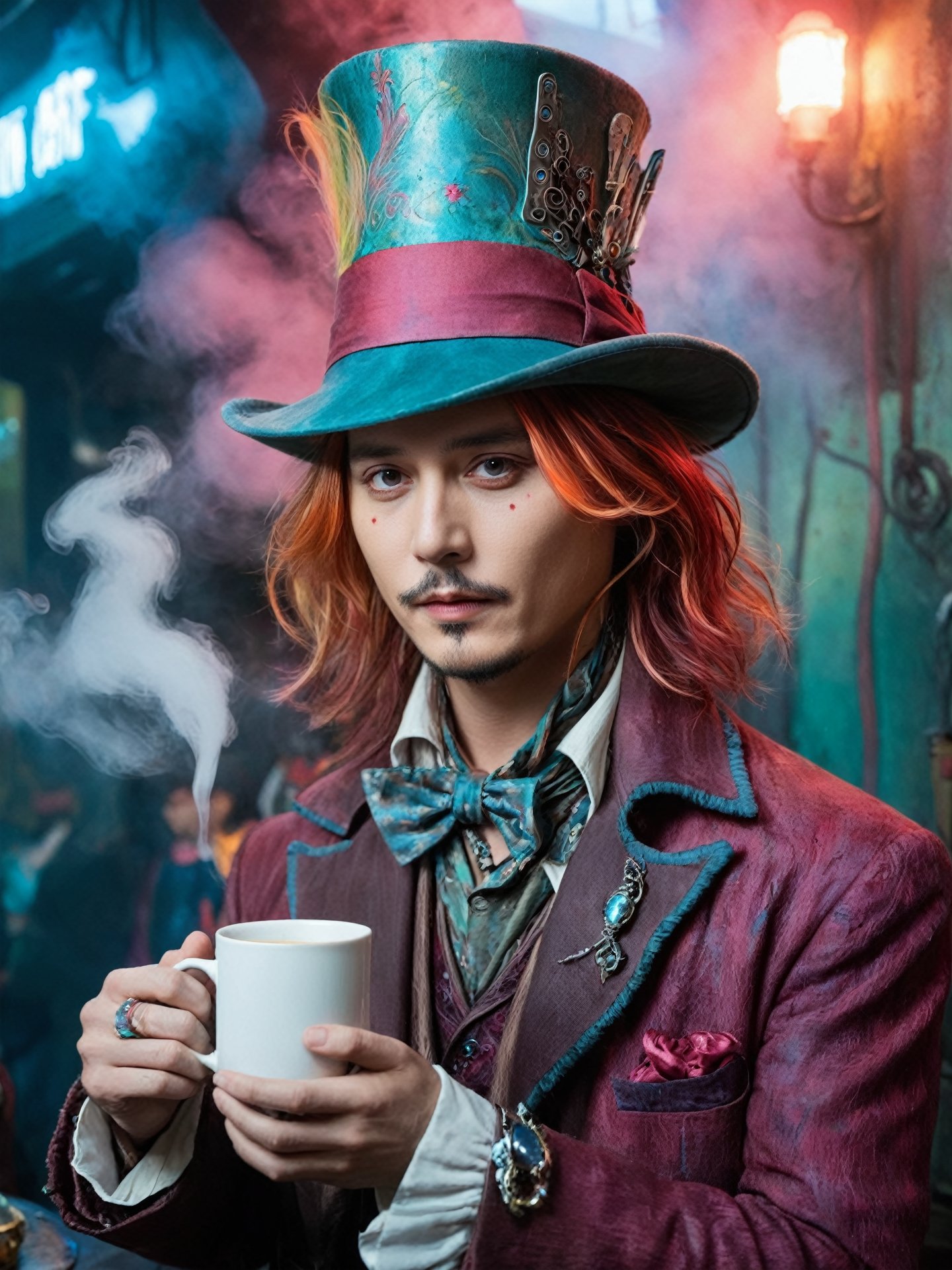 cyberpunk (mad hatter johnny depp in wonderland:1.3) holding a cup of tea,cyberpunk style,mysterious magical ground fog,bioluminiscent drink,graffito,mist,incredible detailed,soft neon light,cinematic,iridescent red,vivid details,robotic bionic features,whimiscal toxic dust,hyperrealistic masterwork by head of prompt engineering