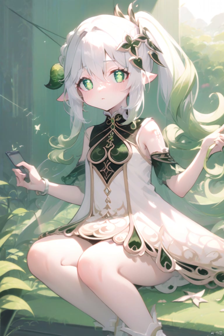 score_4, score_3, score_2, score_1,(masterpiece),(best quality),illustration,ultra detailed,hdr,loli,1girl,hair rings, solo,petite, long hair, very long hair, absurdly long hair, barefoot, looking at viewer, symbol-shaped pupils, white hair, dress, bangs, green eyes, full body, breasts,cross-shaped pupils, hair ornament, white hair, green hair, gradient hair, white dress, nahida (genshin impact)