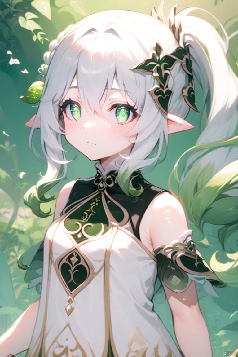 score_4, score_3, score_2, score_1,(masterpiece),(best quality),illustration,ultra detailed,hdr,loli,1girl,hair rings, solo,petite, long hair, very long hair, absurdly long hair, barefoot, looking at viewer, symbol-shaped pupils, white hair, dress, bangs, green eyes, full body, breasts,cross-shaped pupils, hair ornament, white hair, green hair, gradient hair, white dress, nahida (genshin impact)