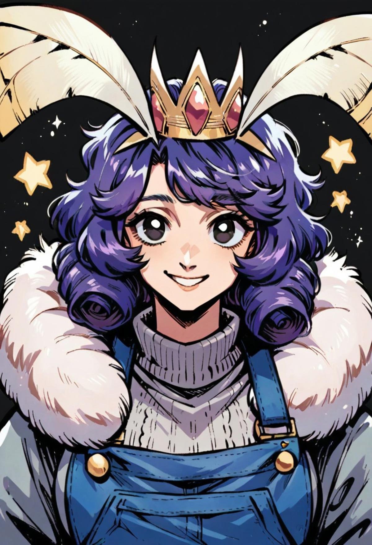 score_9, score_8_up, headshot portrait, mothgirl, moth antennae, four arms, fur trim, gold crown, oversized sweater, grey cardigan, overalls, white star pattern, short curly hair, purple hair, big wide black eyes, smiling, looking at viewer, moth wings, (mature:0.8)