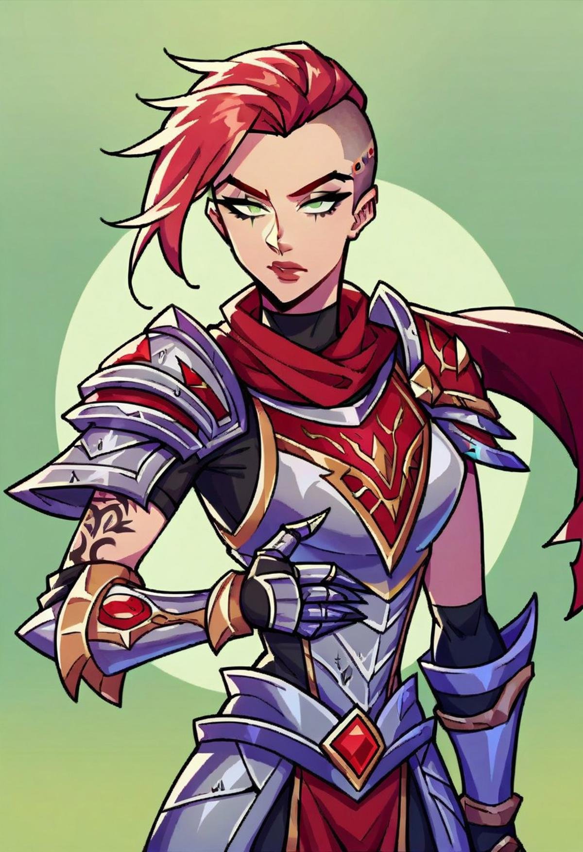 Score_9, score_8_up, 1girl, solo, world of warcraft, (human), [woman:0.5], paladin, black tattoos, red hair, undercut, red scarf, silver armor, gold trim, chainmail tabard, gauntlets, armored boots, muscular, simple background, green background