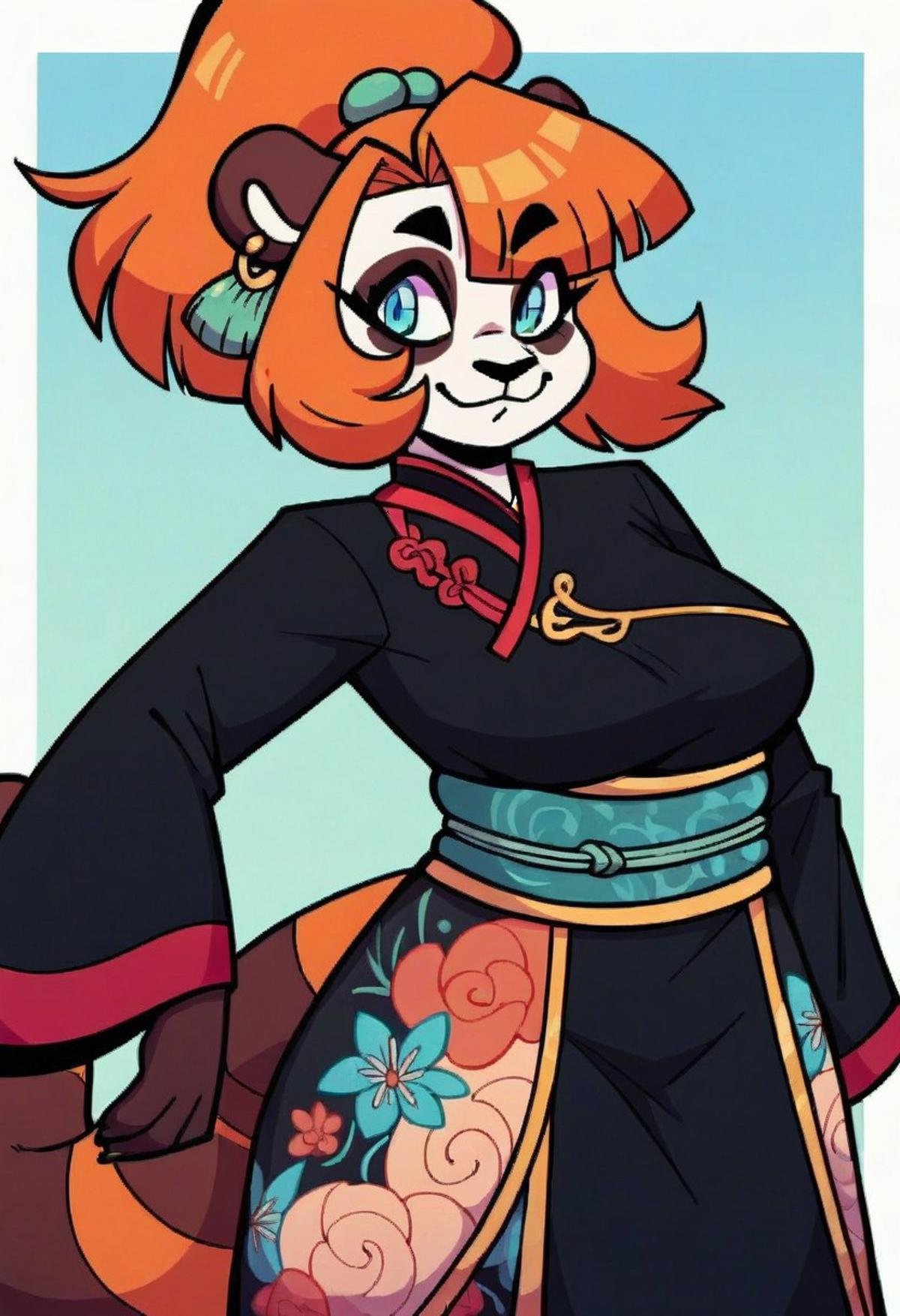 score_9, score_8_up, 1girl, solo, overweight anthro, female pandaren, red pandaren, blue eyes, blunt bangs, ginger hair, high ponytail braid, hair ornament, gold earrings, black kimono, teal floral print, teal trim